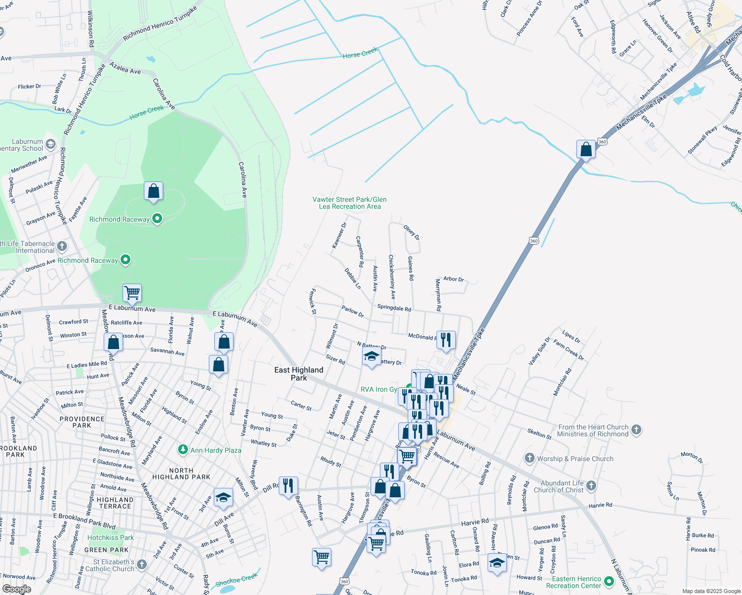 map of restaurants, bars, coffee shops, grocery stores, and more near 4300 Austin Avenue in Richmond