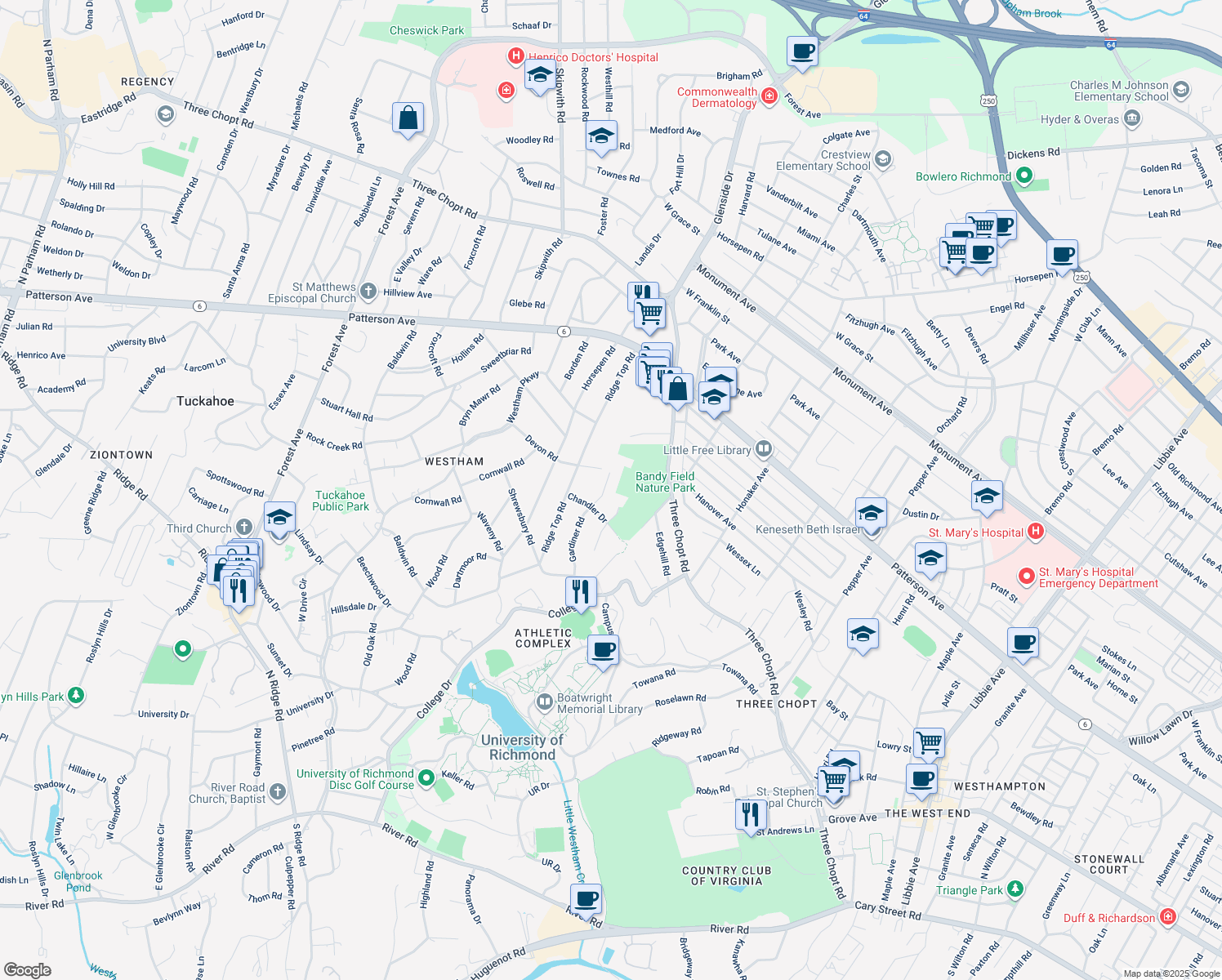 map of restaurants, bars, coffee shops, grocery stores, and more near 607 Gardiner Road in Richmond
