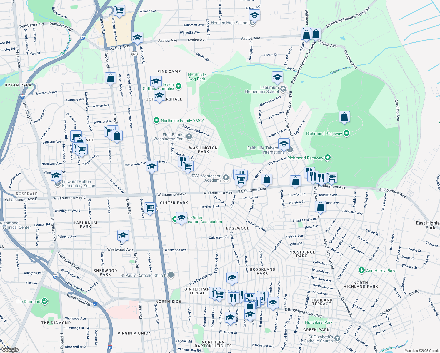 map of restaurants, bars, coffee shops, grocery stores, and more near 3918 West Chatham Drive in Richmond