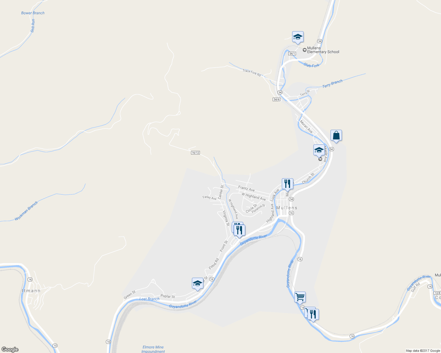 map of restaurants, bars, coffee shops, grocery stores, and more near 998 Parsons Drive in Mullens