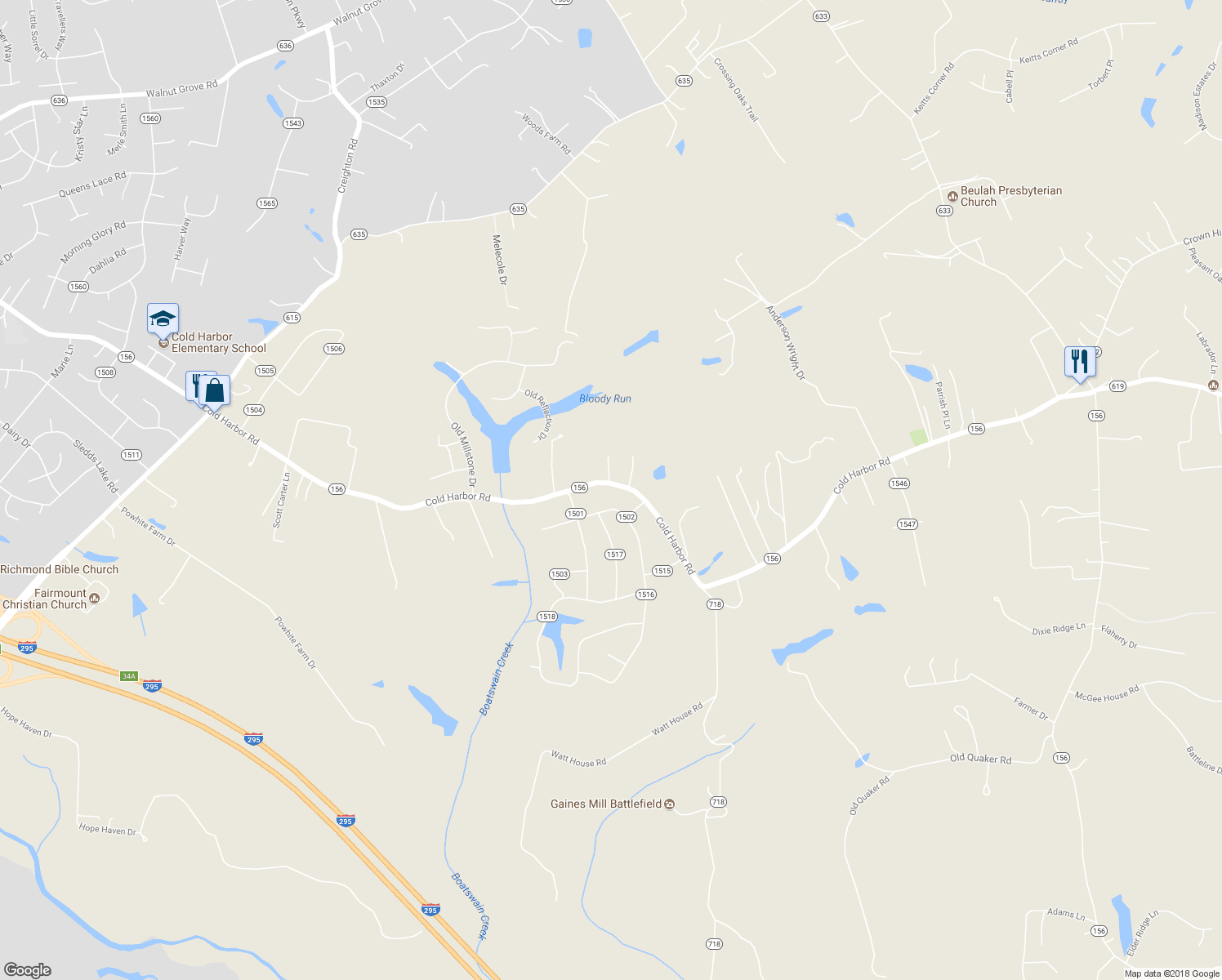 map of restaurants, bars, coffee shops, grocery stores, and more near 6353 Cold Harbor Road in Mechanicsville