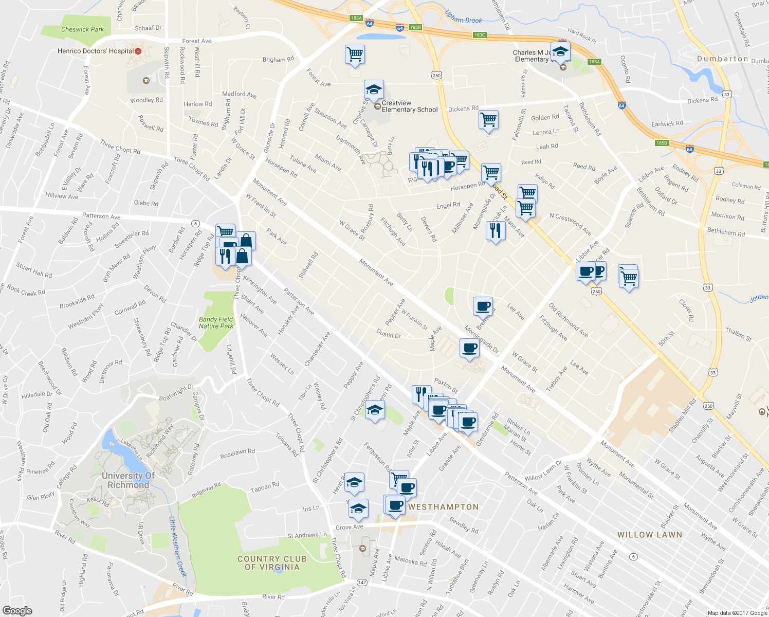 map of restaurants, bars, coffee shops, grocery stores, and more near 1017 Orchard Road in Richmond