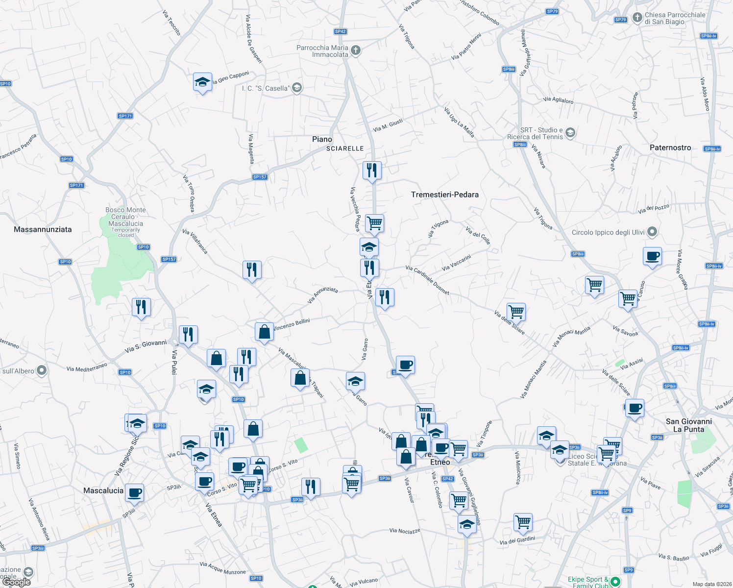 map of restaurants, bars, coffee shops, grocery stores, and more near 4 Via A.Toscanini in Tremestieri Etneo