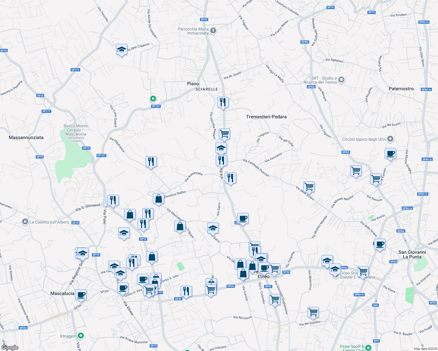 map of restaurants, bars, coffee shops, grocery stores, and more near 4 Via A.Toscanini in Tremestieri Etneo