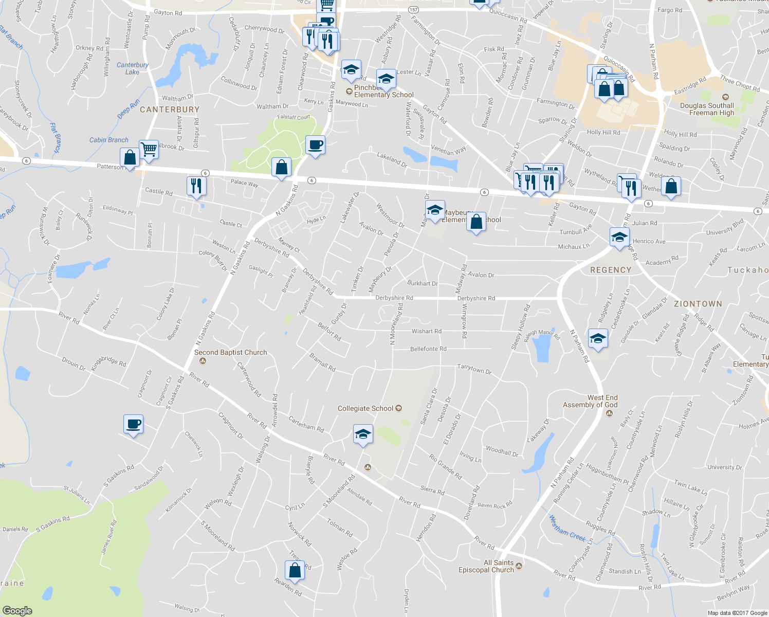 map of restaurants, bars, coffee shops, grocery stores, and more near 9012 Wood Sorrel Drive in Henrico