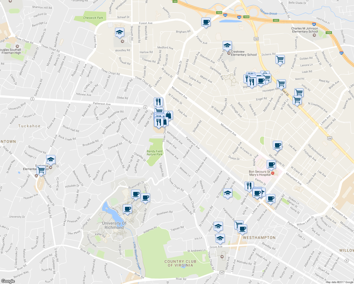 map of restaurants, bars, coffee shops, grocery stores, and more near 6729 Kensington Avenue in Richmond