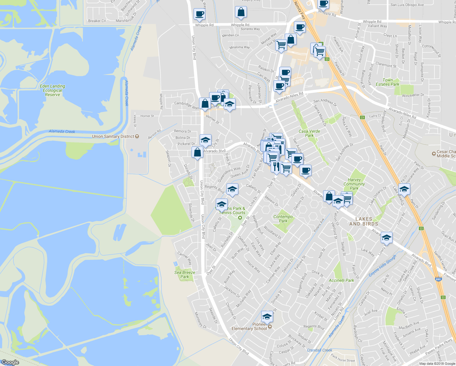 map of restaurants, bars, coffee shops, grocery stores, and more near 4475 Queen Anne Drive in Union City