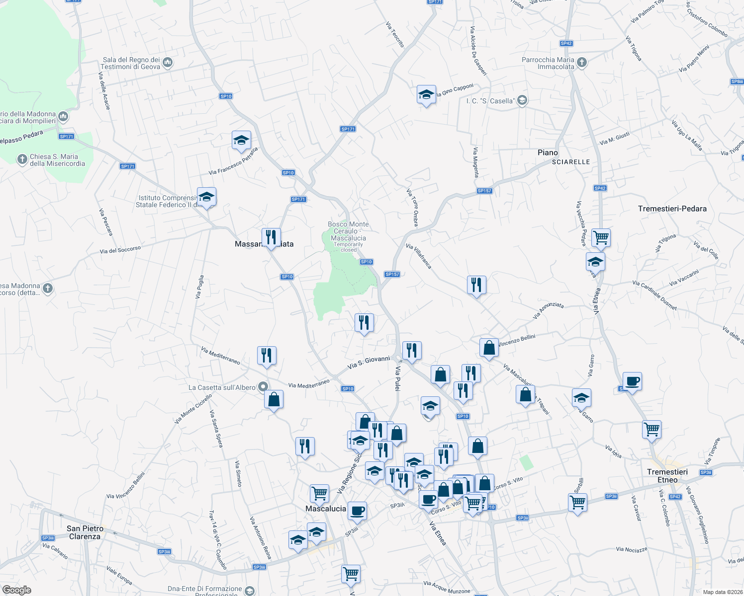 map of restaurants, bars, coffee shops, grocery stores, and more near 51 Via Pulei in Mascalucia