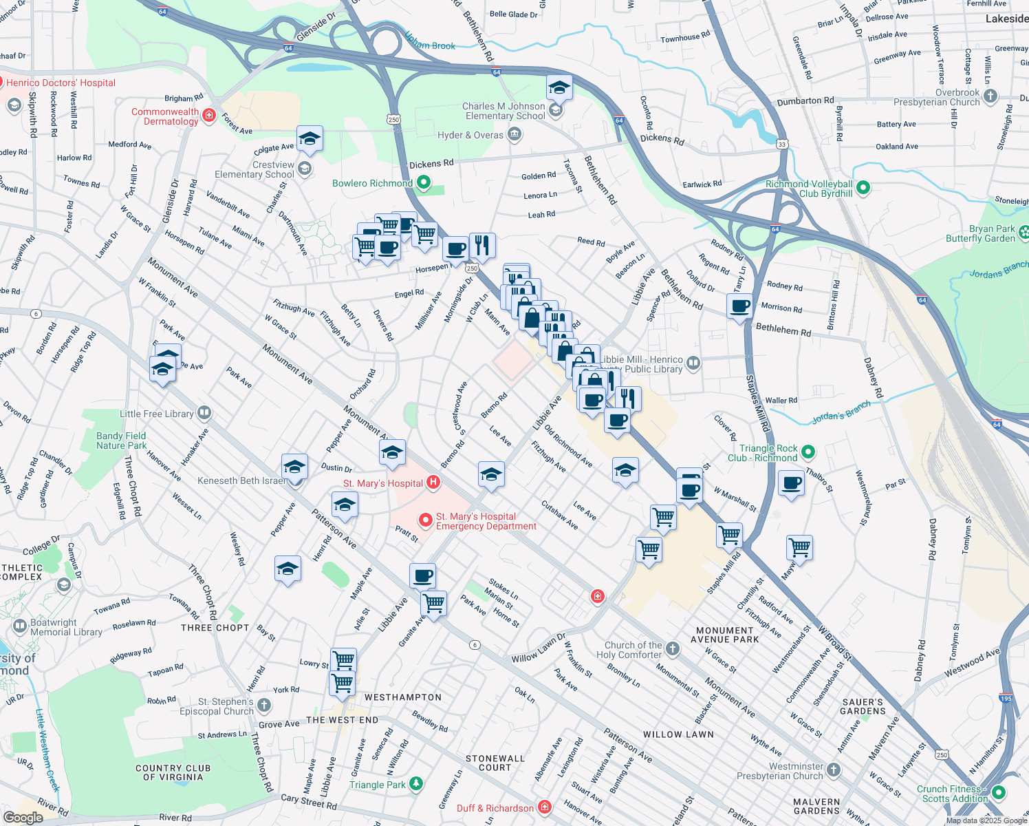 map of restaurants, bars, coffee shops, grocery stores, and more near 5808 Fitzhugh Avenue in Richmond