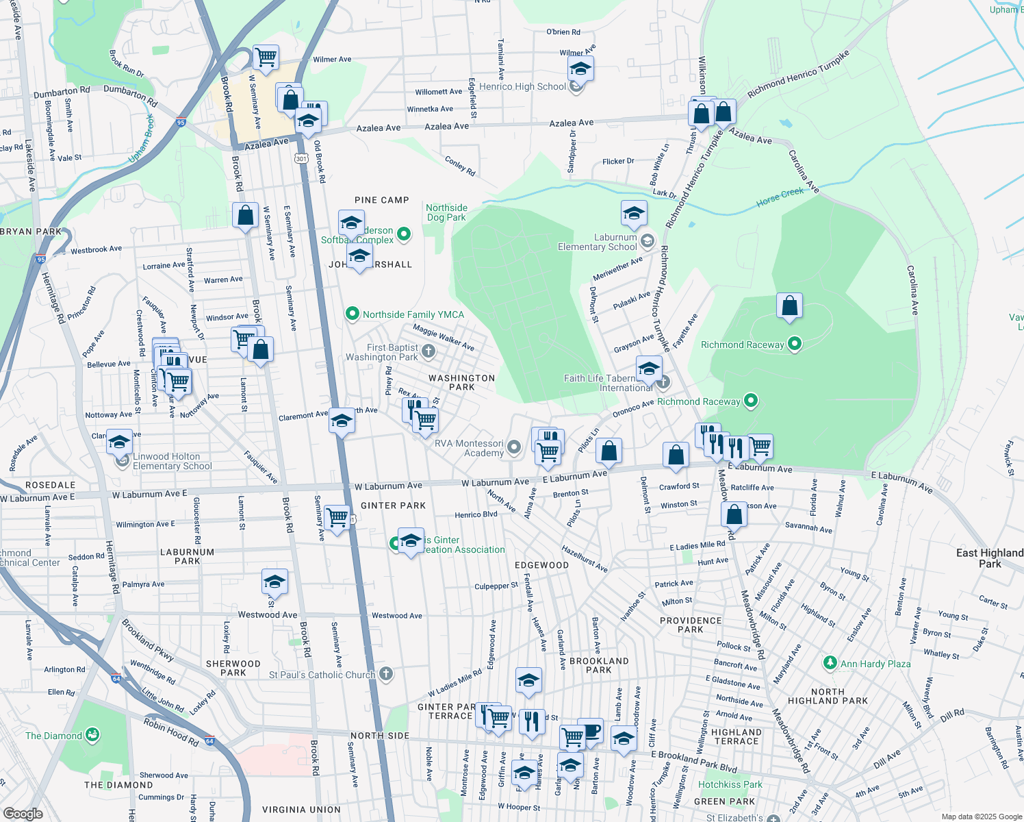 map of restaurants, bars, coffee shops, grocery stores, and more near 3938 West Chatham Drive in Richmond