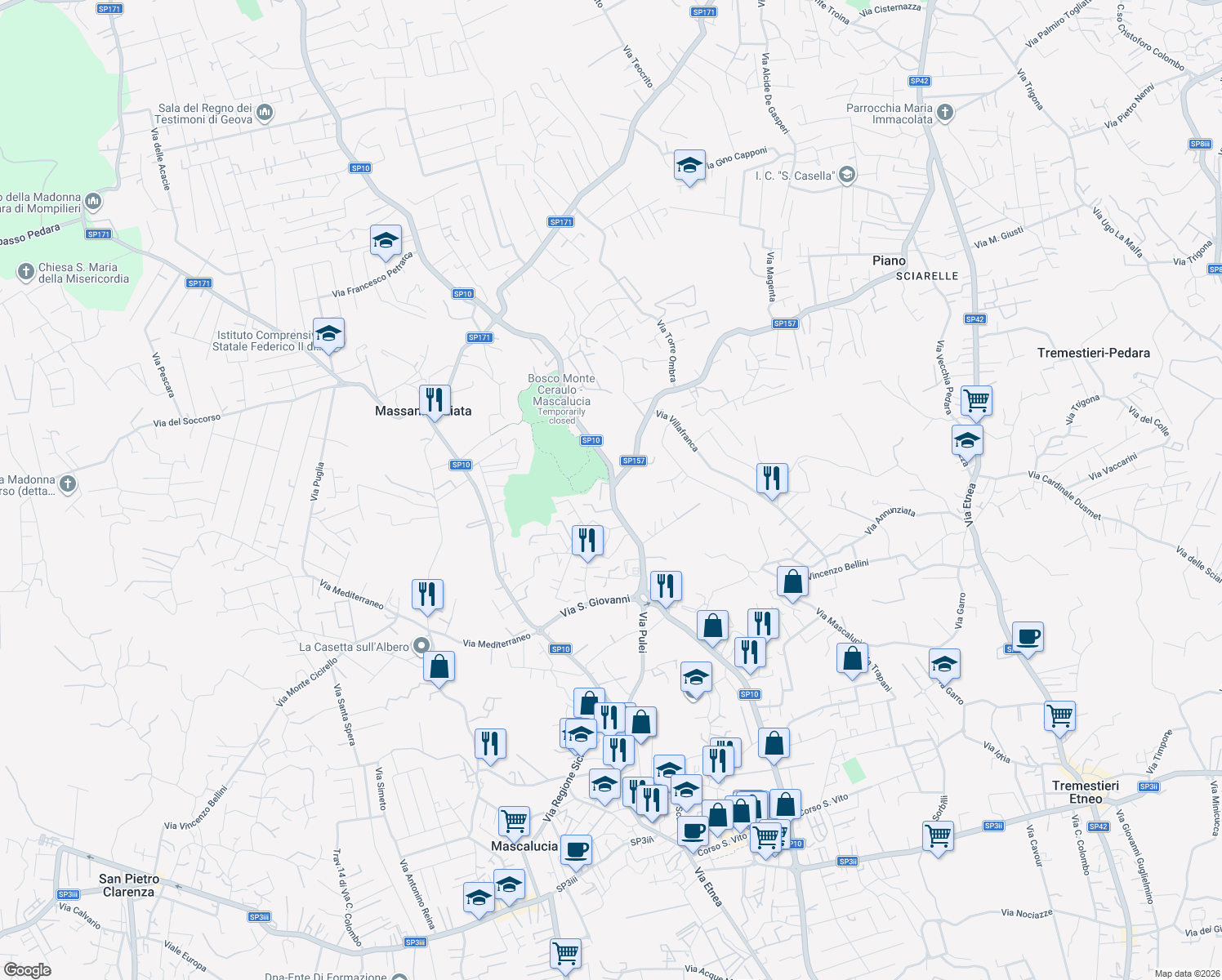 map of restaurants, bars, coffee shops, grocery stores, and more near 51 Via Pulei in Mascalucia