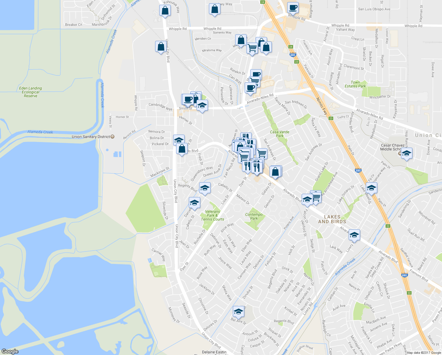 map of restaurants, bars, coffee shops, grocery stores, and more near 4267 Duchess Dr in Union City