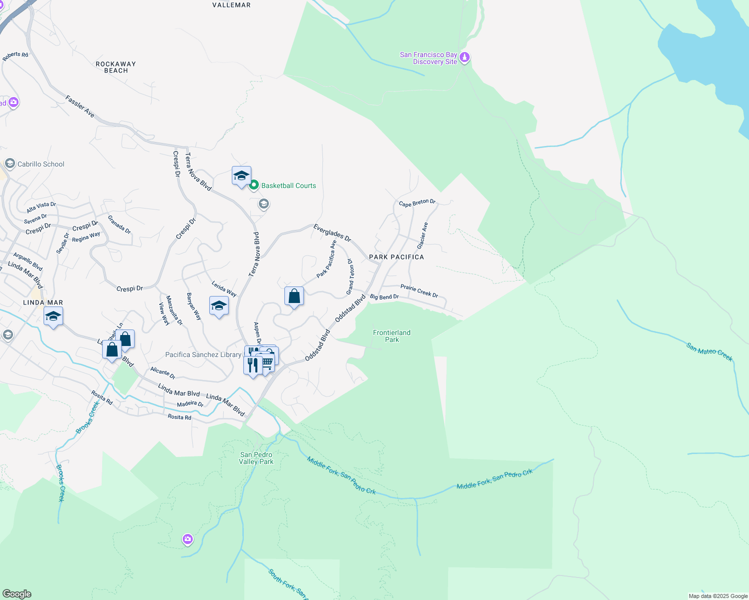 map of restaurants, bars, coffee shops, grocery stores, and more near 985 Big Bend Drive in Pacifica