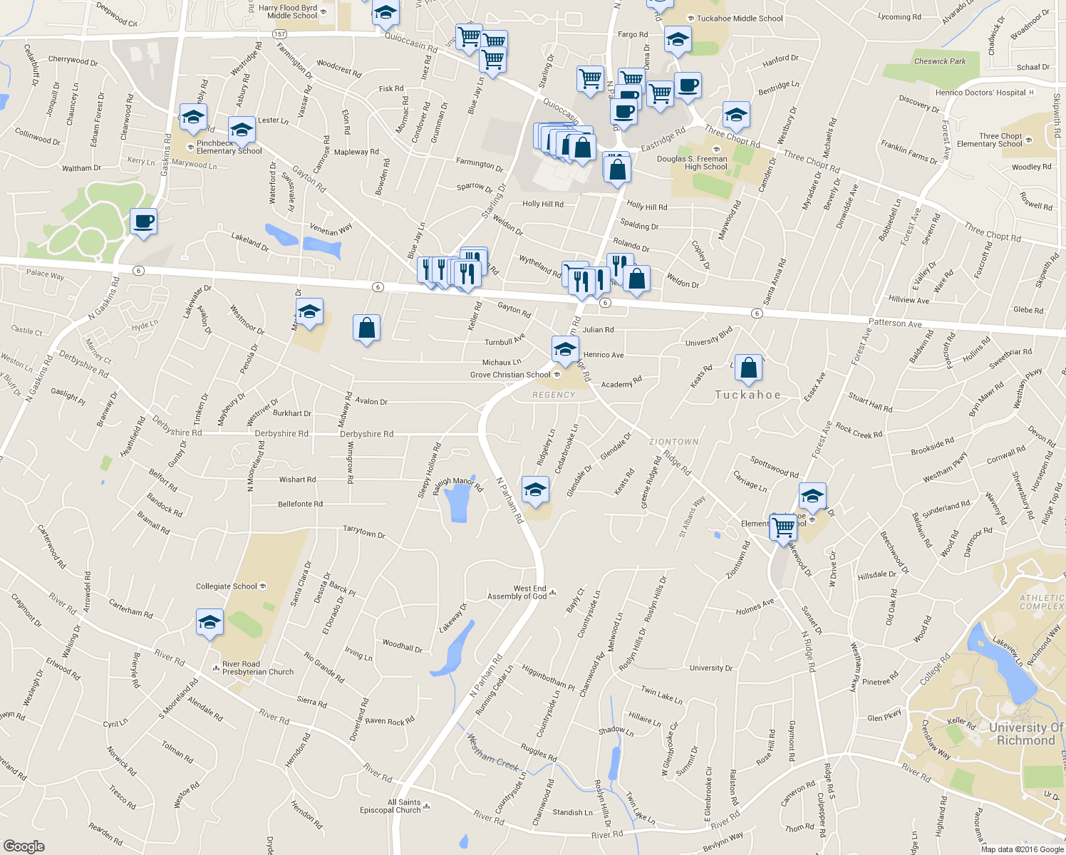map of restaurants, bars, coffee shops, grocery stores, and more near 521 Willowtree Drive in Henrico