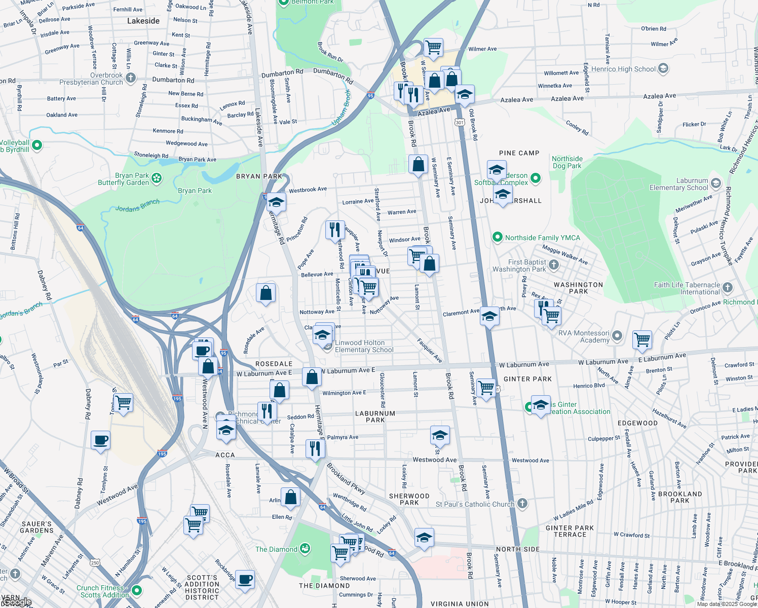 map of restaurants, bars, coffee shops, grocery stores, and more near 4002 Fauquier Avenue in Richmond