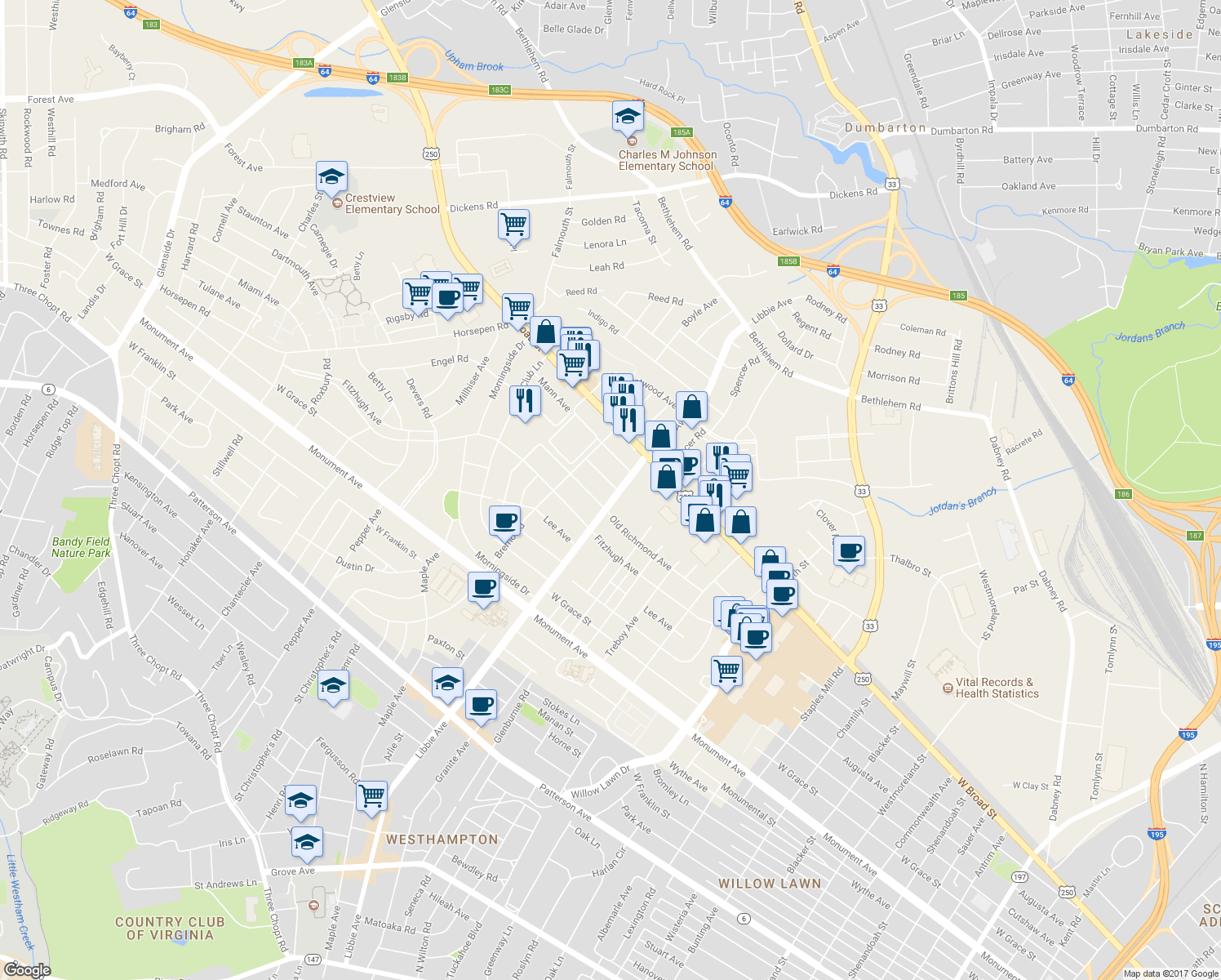 map of restaurants, bars, coffee shops, grocery stores, and more near 5801 Pollard Drive in Richmond