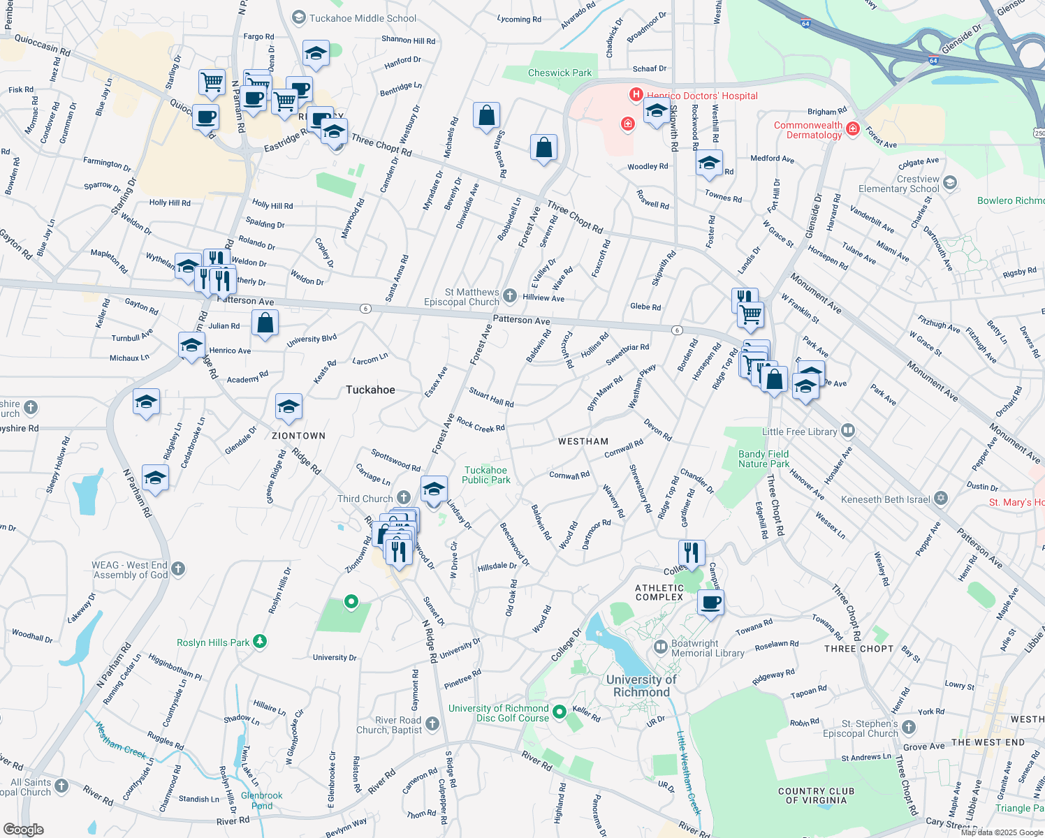 map of restaurants, bars, coffee shops, grocery stores, and more near 7730 Rock Creek Road in Richmond