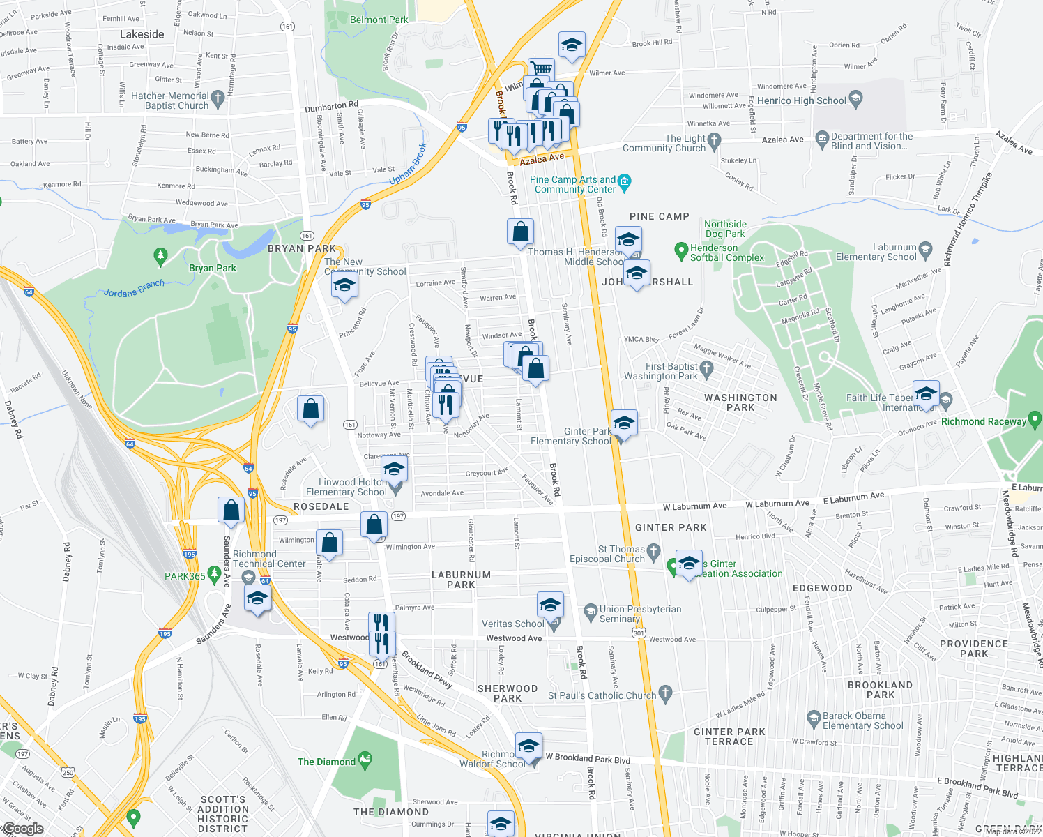 map of restaurants, bars, coffee shops, grocery stores, and more near 1219 Nottoway Avenue in Richmond