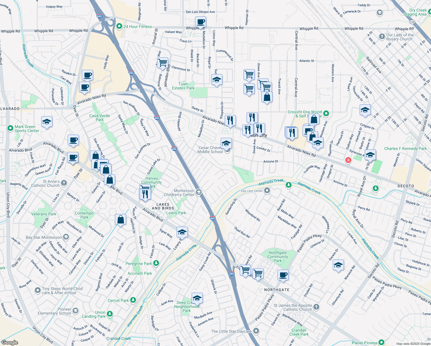 map of restaurants, bars, coffee shops, grocery stores, and more near 167 Kona Circle in Union City