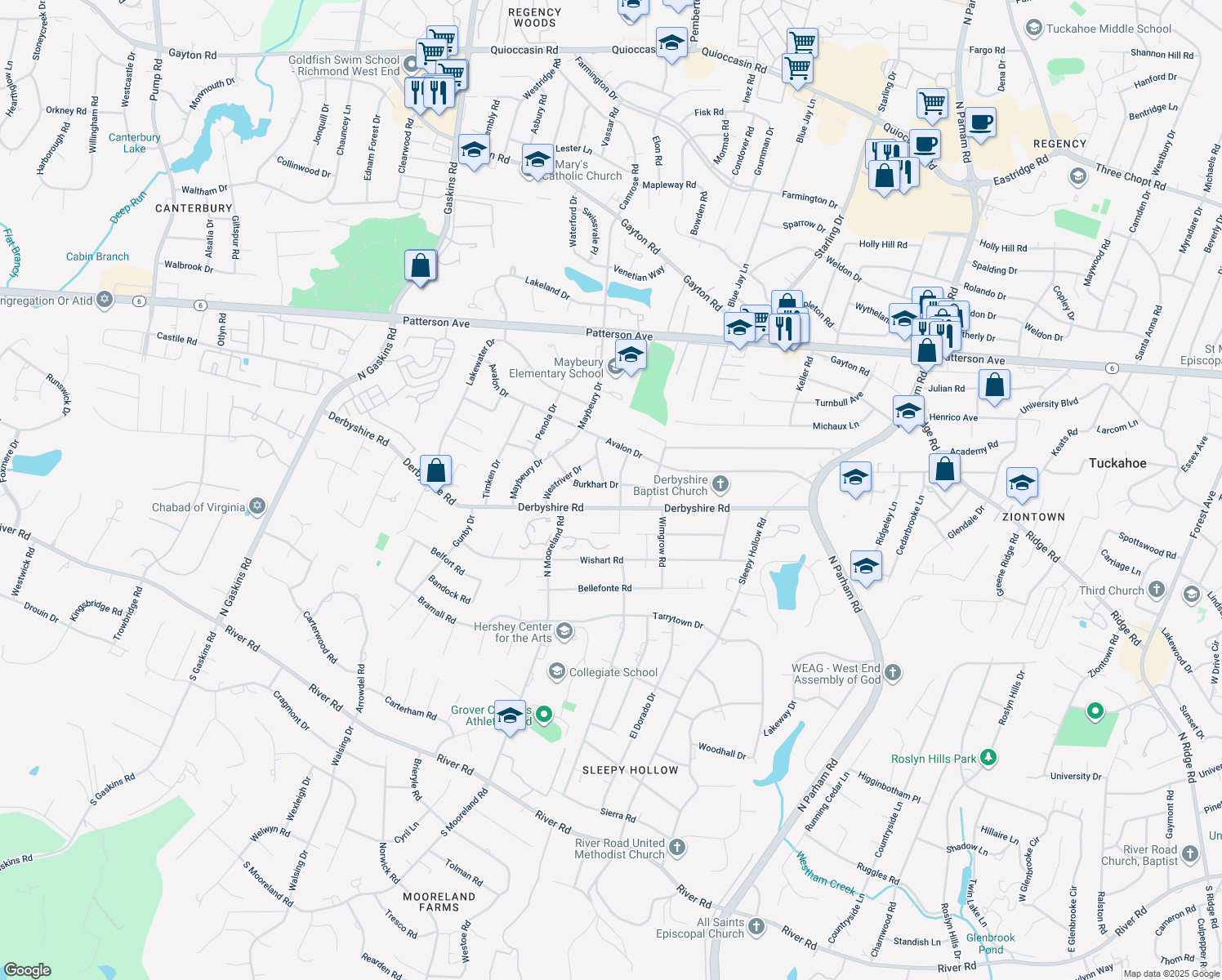 map of restaurants, bars, coffee shops, grocery stores, and more near 9103 Burkhart Drive in Richmond