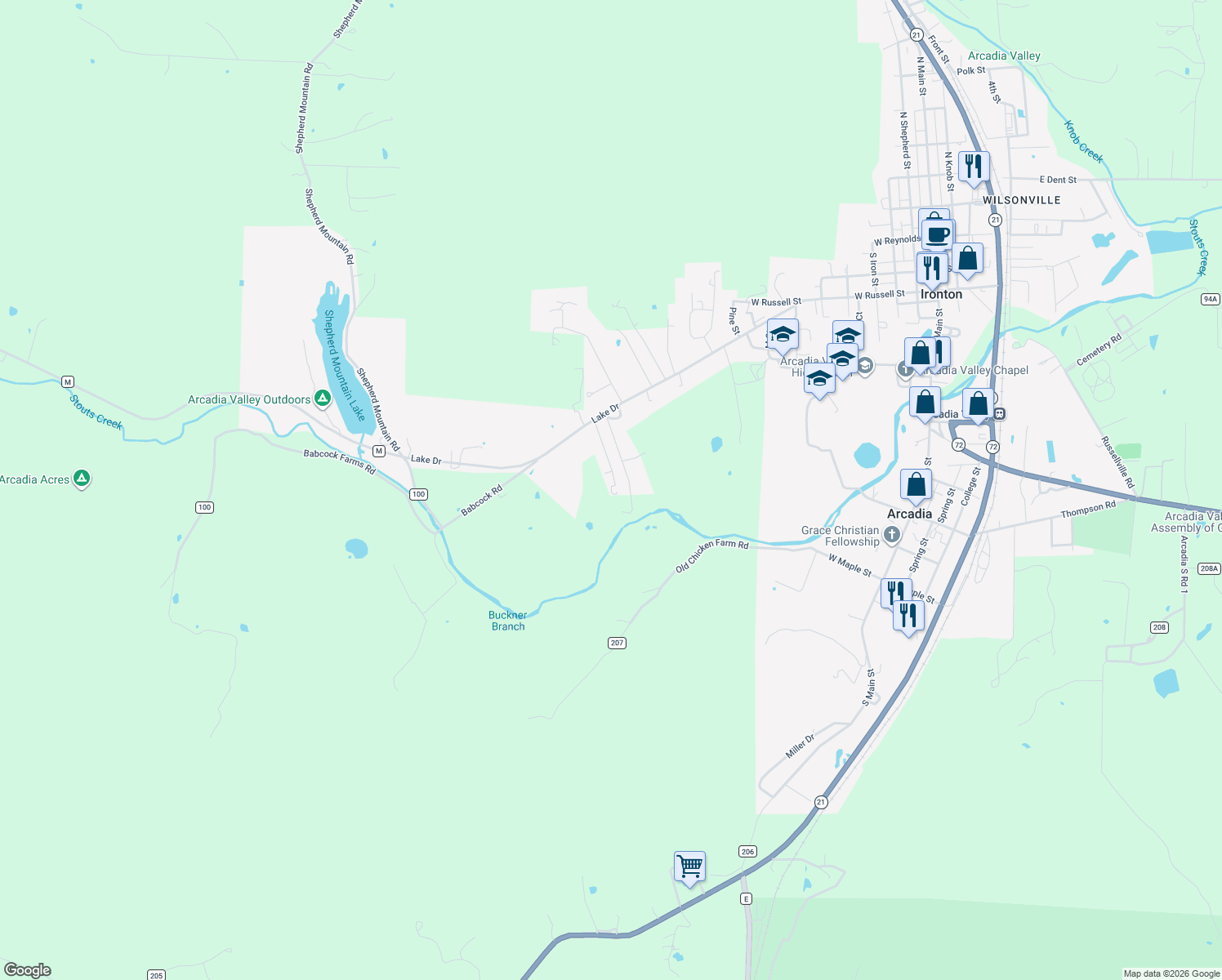 map of restaurants, bars, coffee shops, grocery stores, and more near 112 Fairlane Drive in Ironton