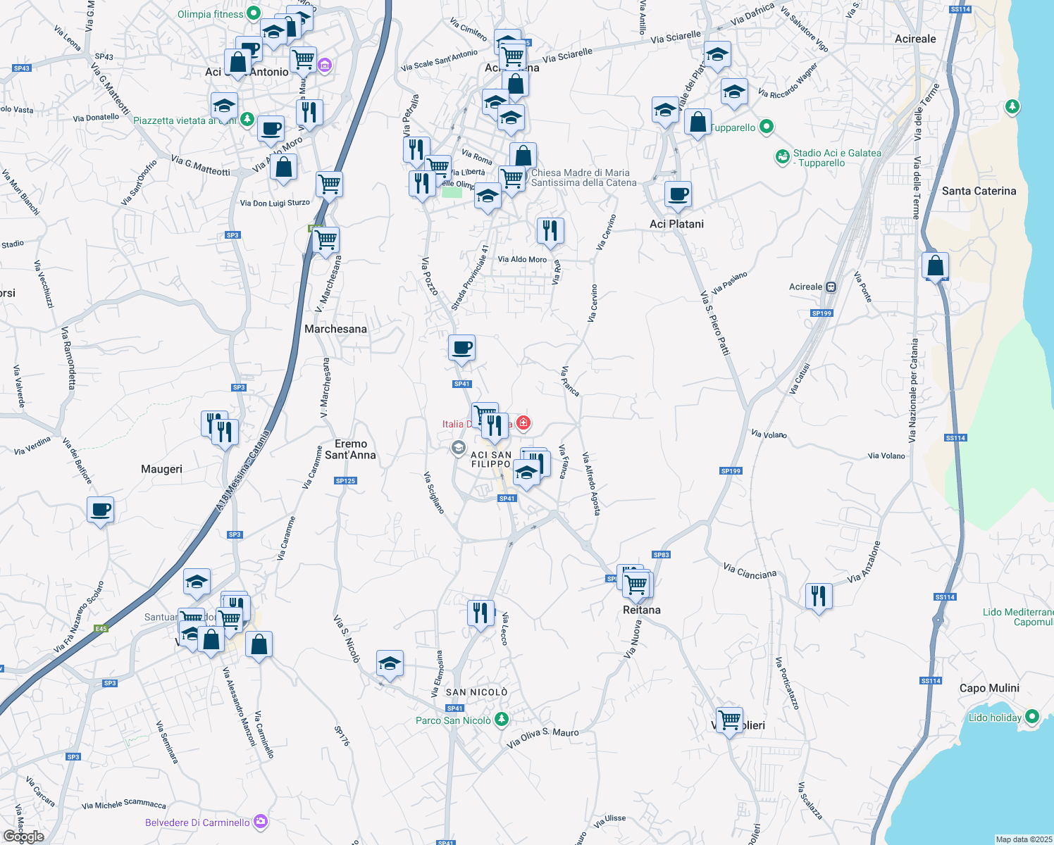 map of restaurants, bars, coffee shops, grocery stores, and more near 69b Via San Giuseppe San Filippo in Aci Catena