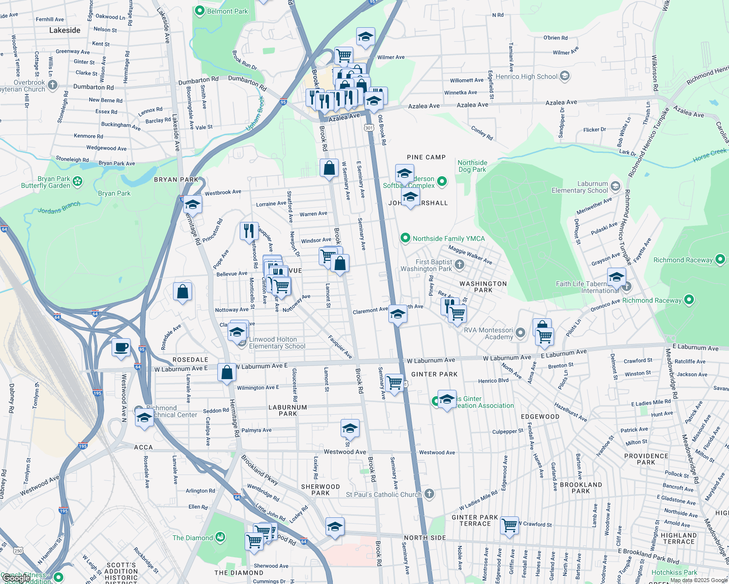 map of restaurants, bars, coffee shops, grocery stores, and more near 3908 Seminary Avenue in Richmond