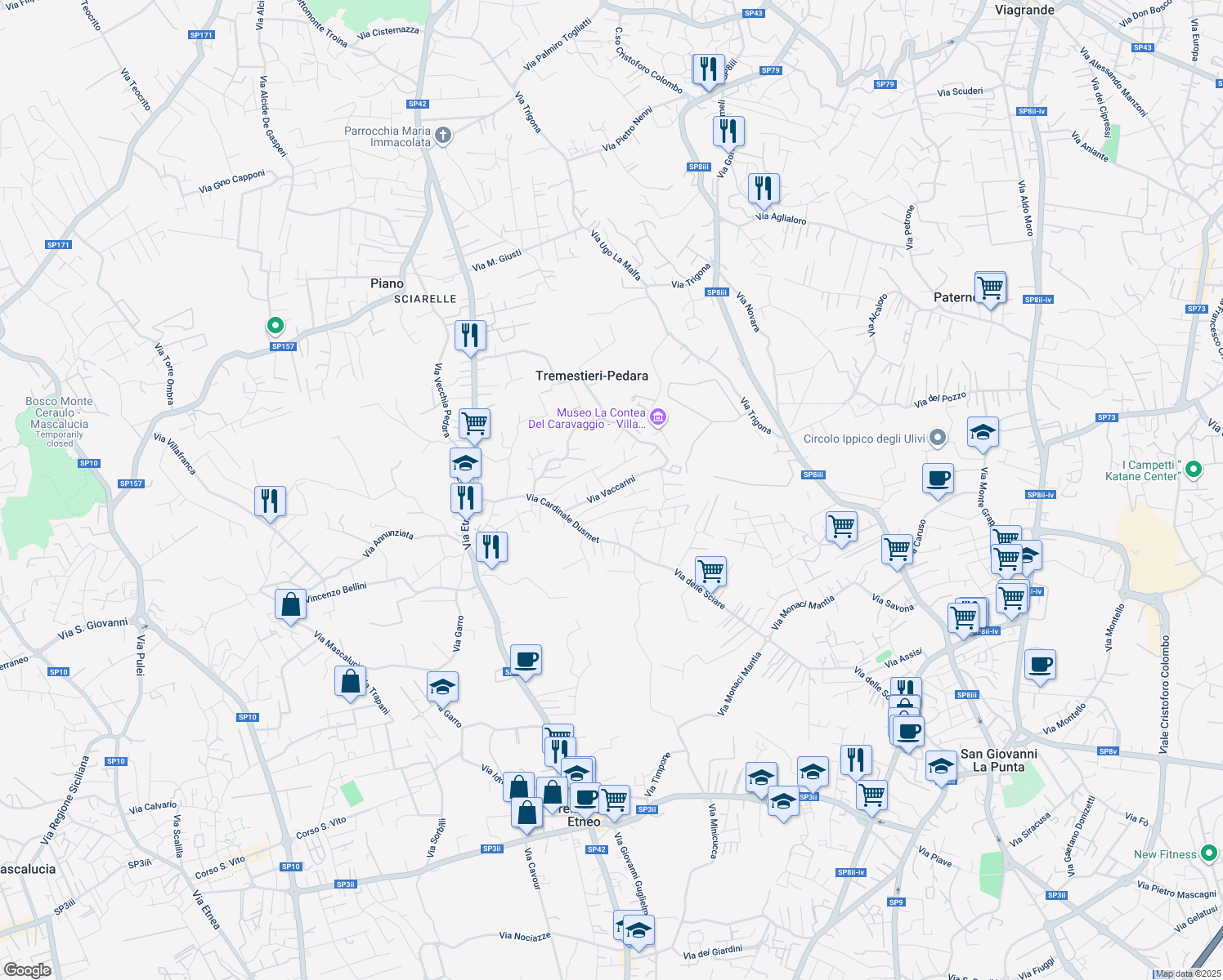 map of restaurants, bars, coffee shops, grocery stores, and more near 8 Via Giovanni Boccaccio in Tremestieri Etneo
