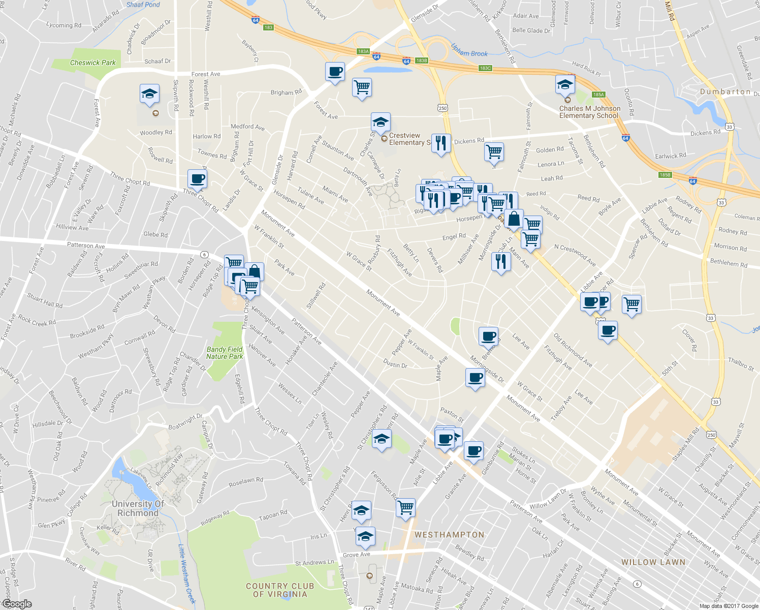 map of restaurants, bars, coffee shops, grocery stores, and more near 6503 Monument Avenue in Richmond