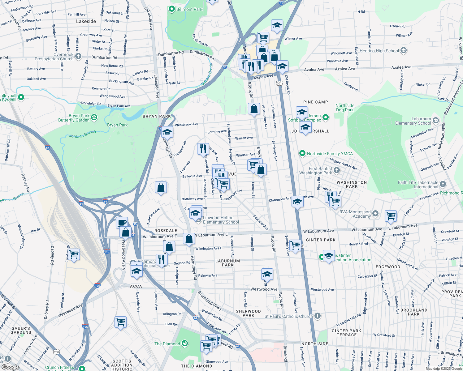 map of restaurants, bars, coffee shops, grocery stores, and more near 4013 Fauquier Avenue in Richmond
