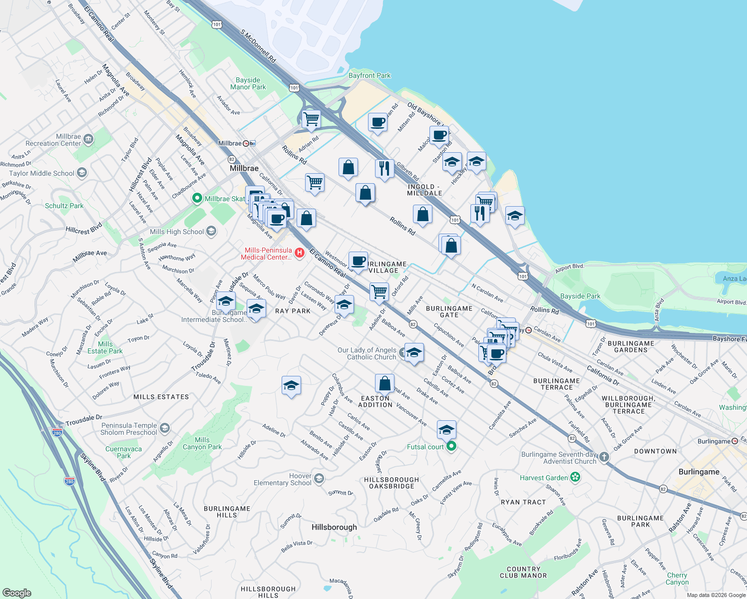 map of restaurants, bars, coffee shops, grocery stores, and more near 1526 Albemarle Way in Burlingame