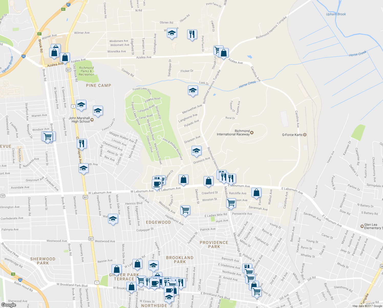 map of restaurants, bars, coffee shops, grocery stores, and more near 402 Greenbrier Avenue in Richmond