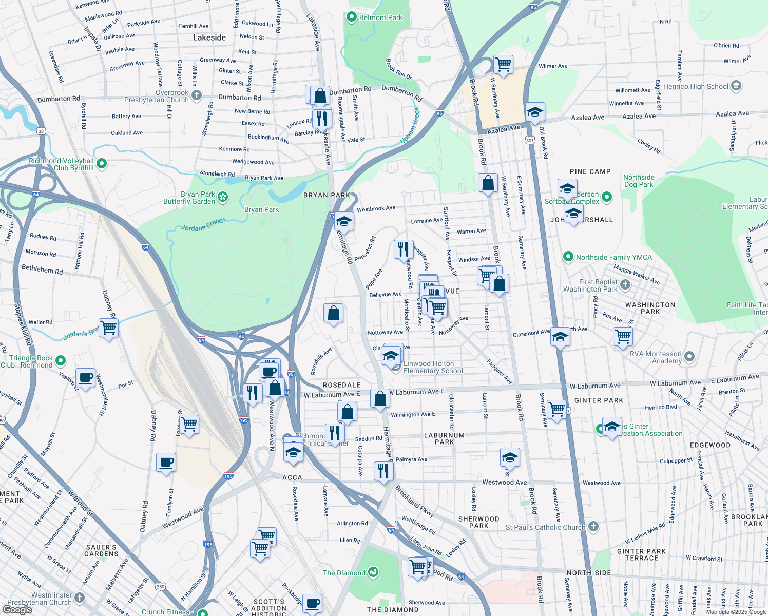 map of restaurants, bars, coffee shops, grocery stores, and more near 4023 Chevy Chase Street in Richmond