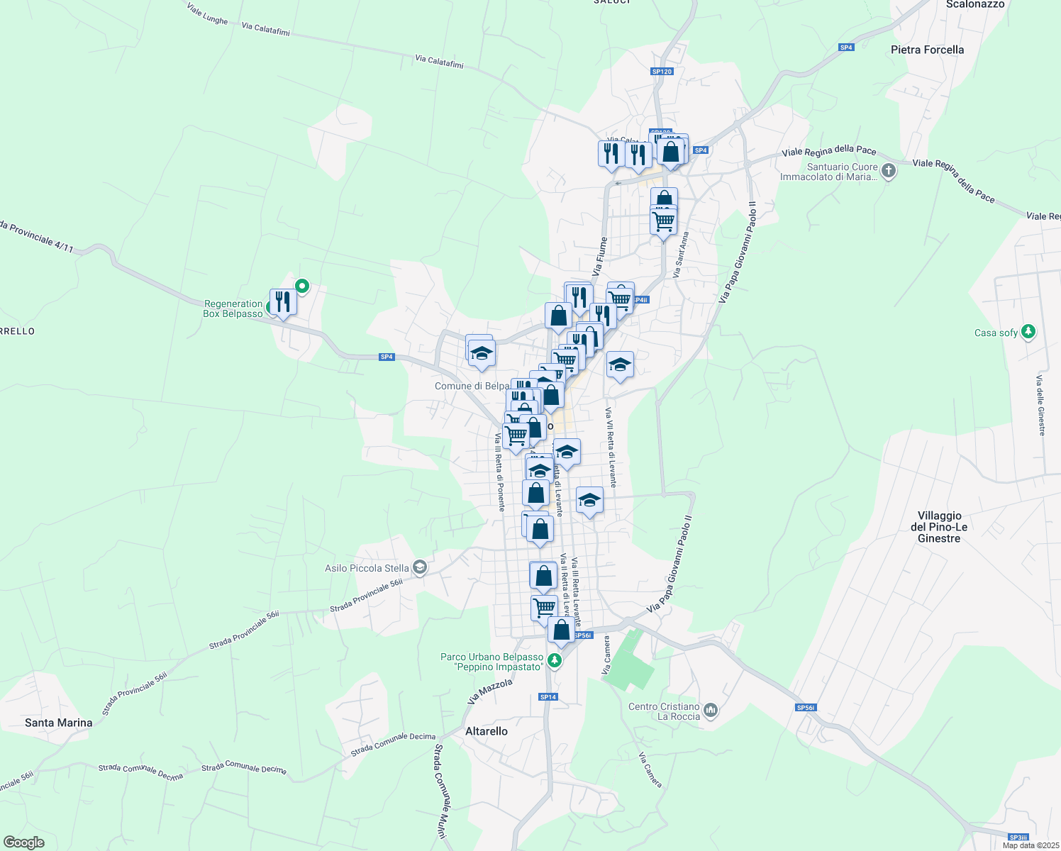 map of restaurants, bars, coffee shops, grocery stores, and more near in Belpasso