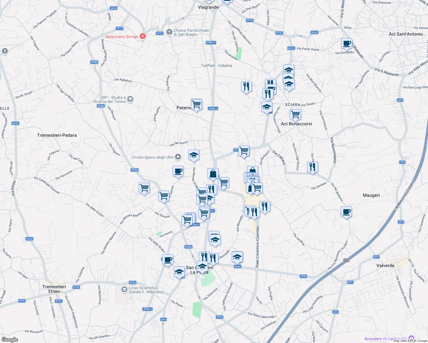 map of restaurants, bars, coffee shops, grocery stores, and more near 25 Via S. Lucia in San Giovanni La Punta