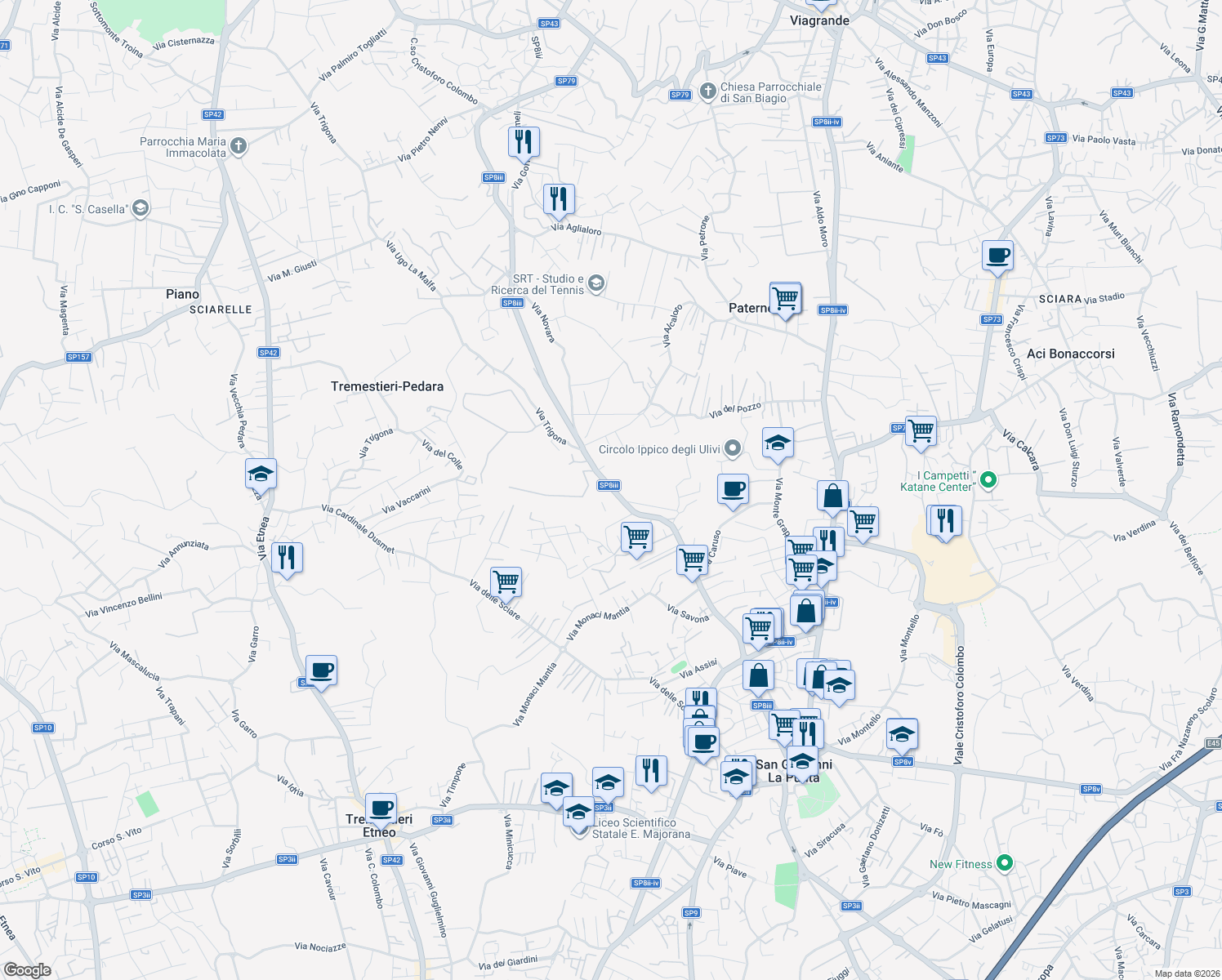 map of restaurants, bars, coffee shops, grocery stores, and more near 64 Via Fisichelli in San Giovanni La Punta