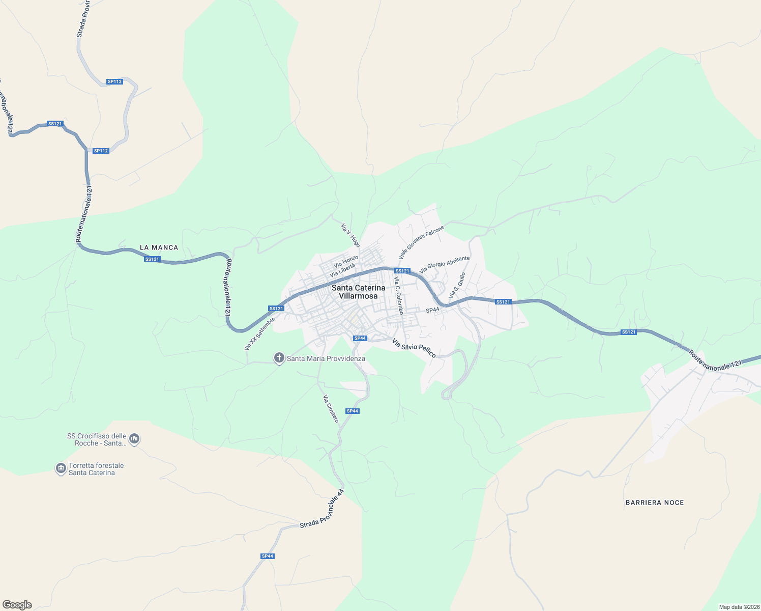 map of restaurants, bars, coffee shops, grocery stores, and more near Via Jan Palach in Santa Caterina Villarmosa