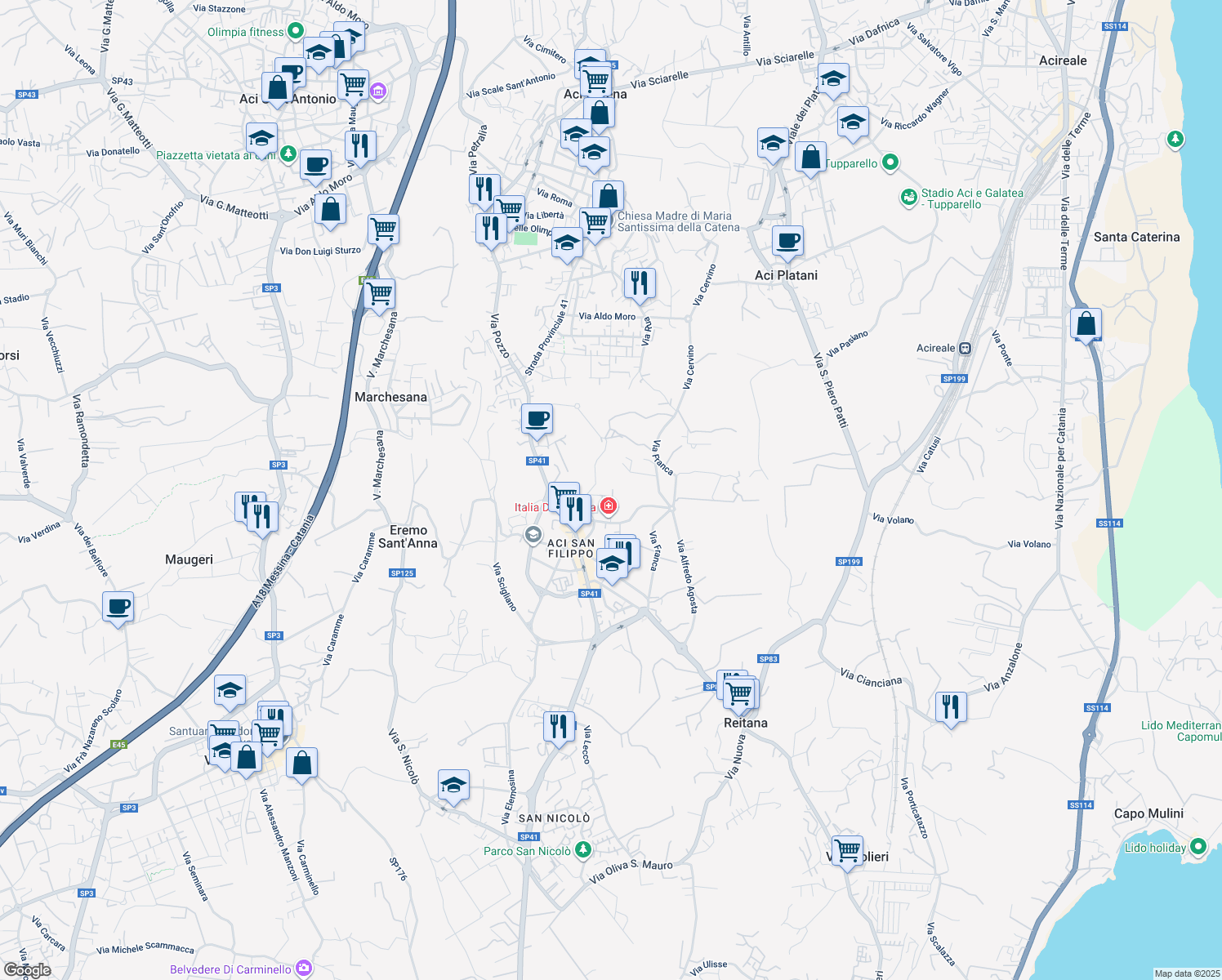 map of restaurants, bars, coffee shops, grocery stores, and more near 69b Via San Giuseppe San Filippo in Aci Catena