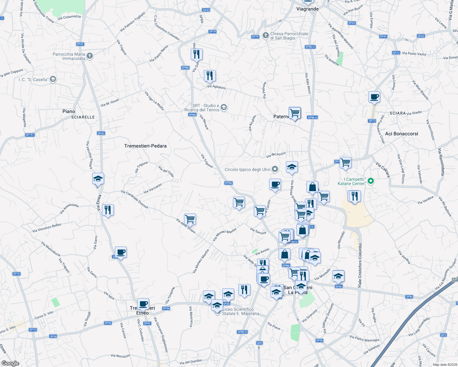 map of restaurants, bars, coffee shops, grocery stores, and more near 64 Via Fisichelli in San Giovanni La Punta