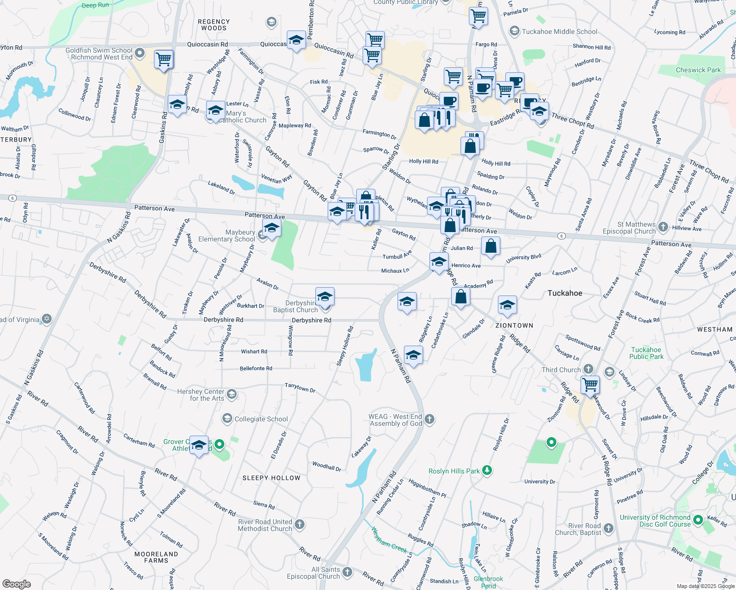 map of restaurants, bars, coffee shops, grocery stores, and more near 8706 Avalon Drive in Richmond