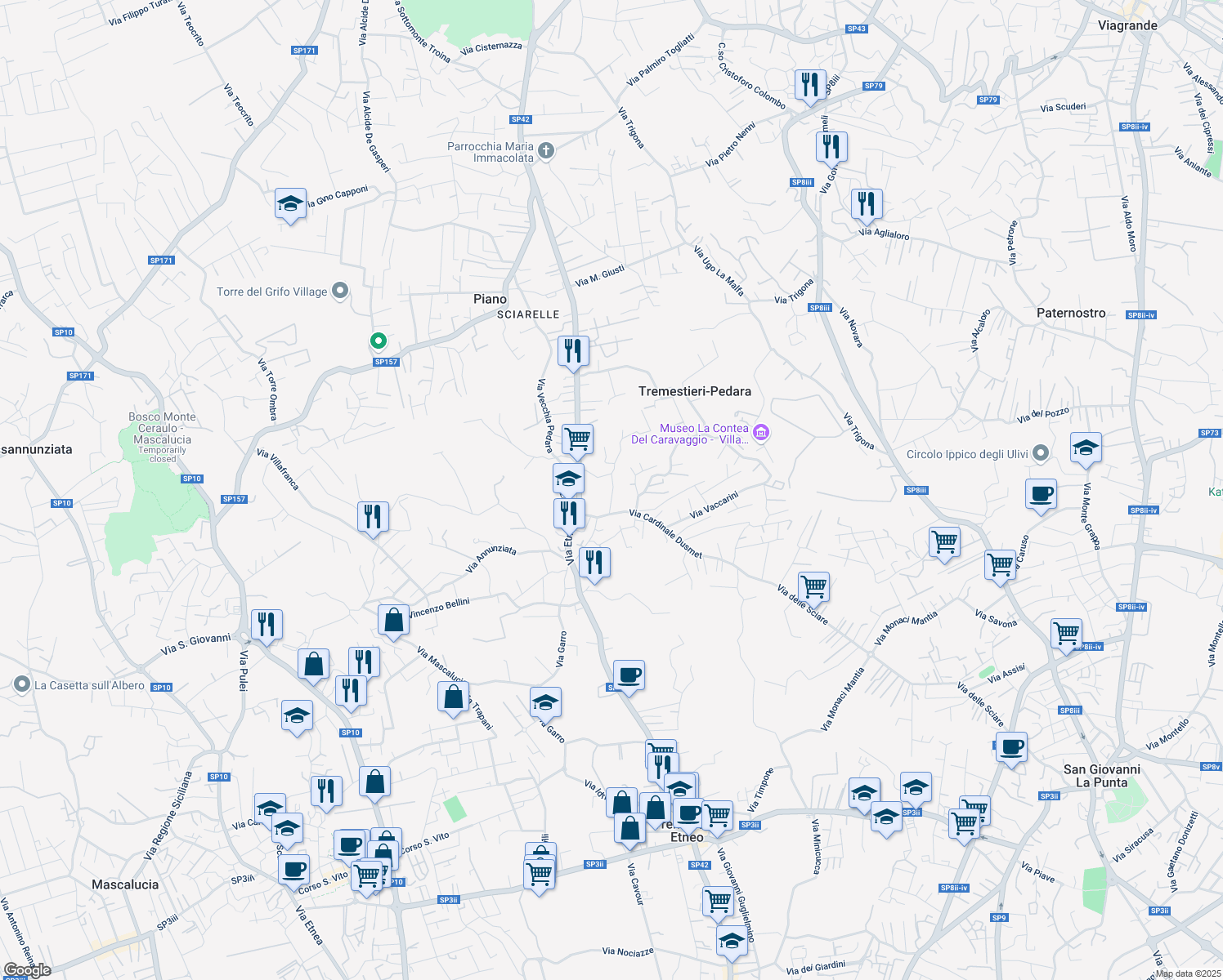 map of restaurants, bars, coffee shops, grocery stores, and more near 19 Via Piave in Tremestieri Etneo