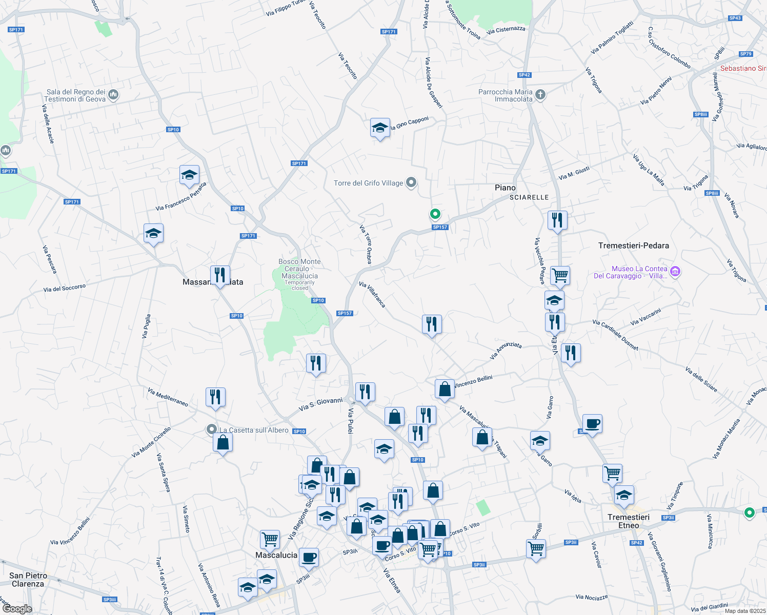 map of restaurants, bars, coffee shops, grocery stores, and more near 18 Via Villafranca in Mascalucia