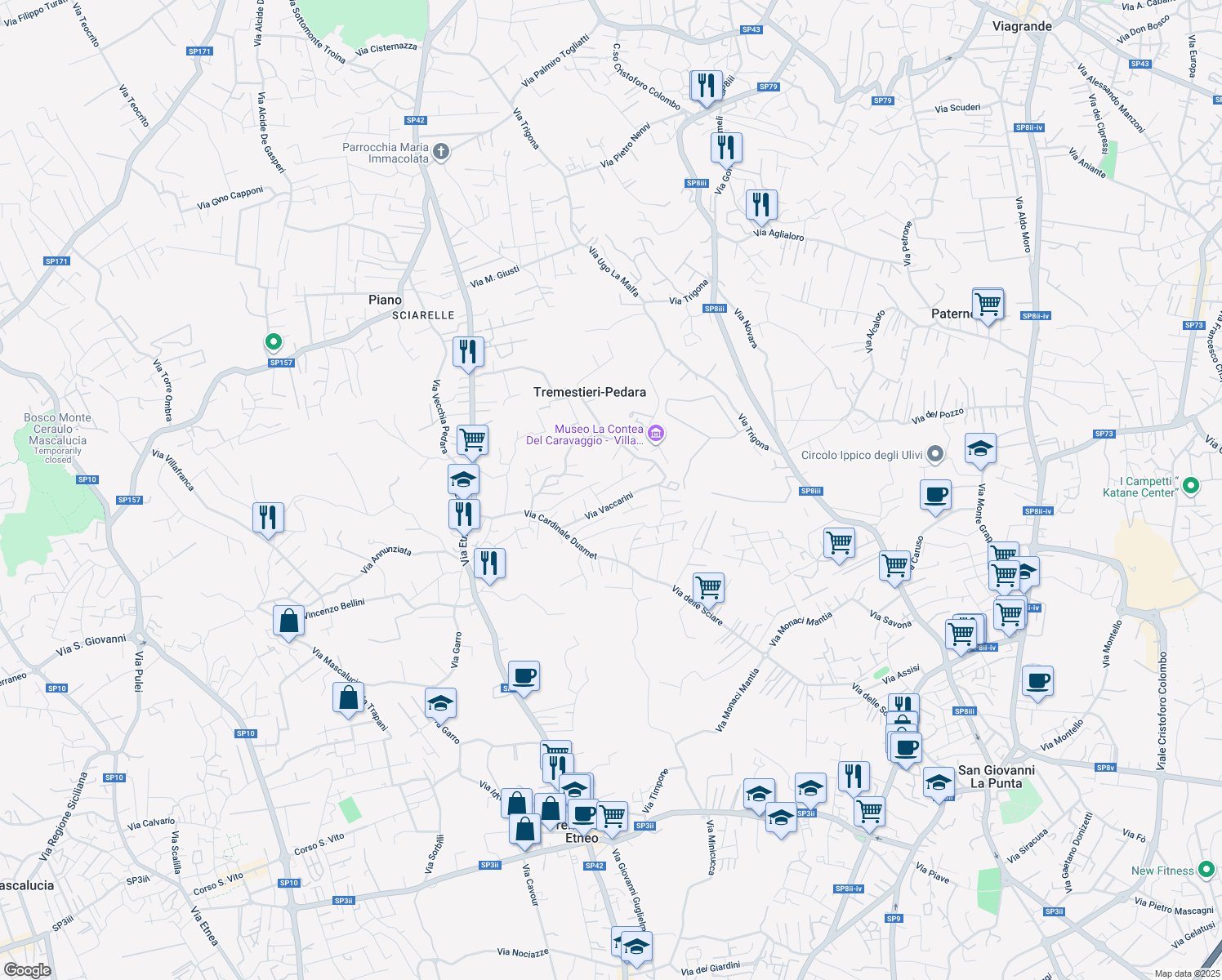 map of restaurants, bars, coffee shops, grocery stores, and more near 8 Via Giovanni Boccaccio in Tremestieri Etneo