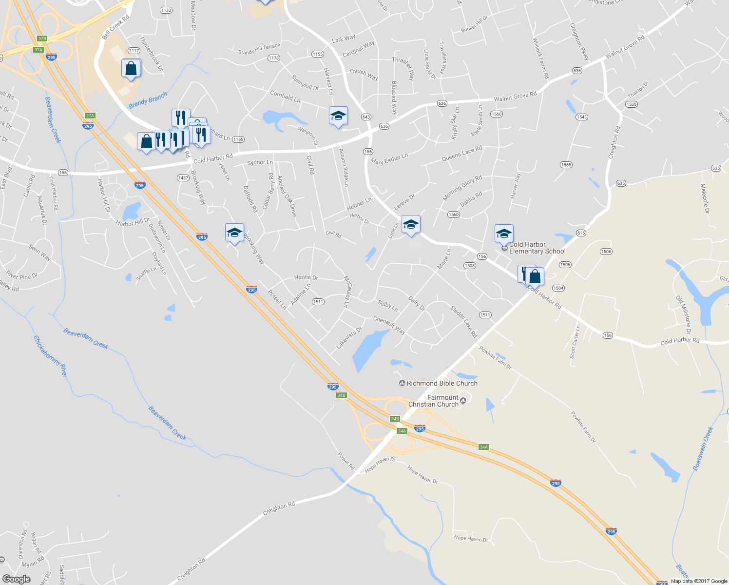 map of restaurants, bars, coffee shops, grocery stores, and more near 7028 Wilt Lane in Mechanicsville