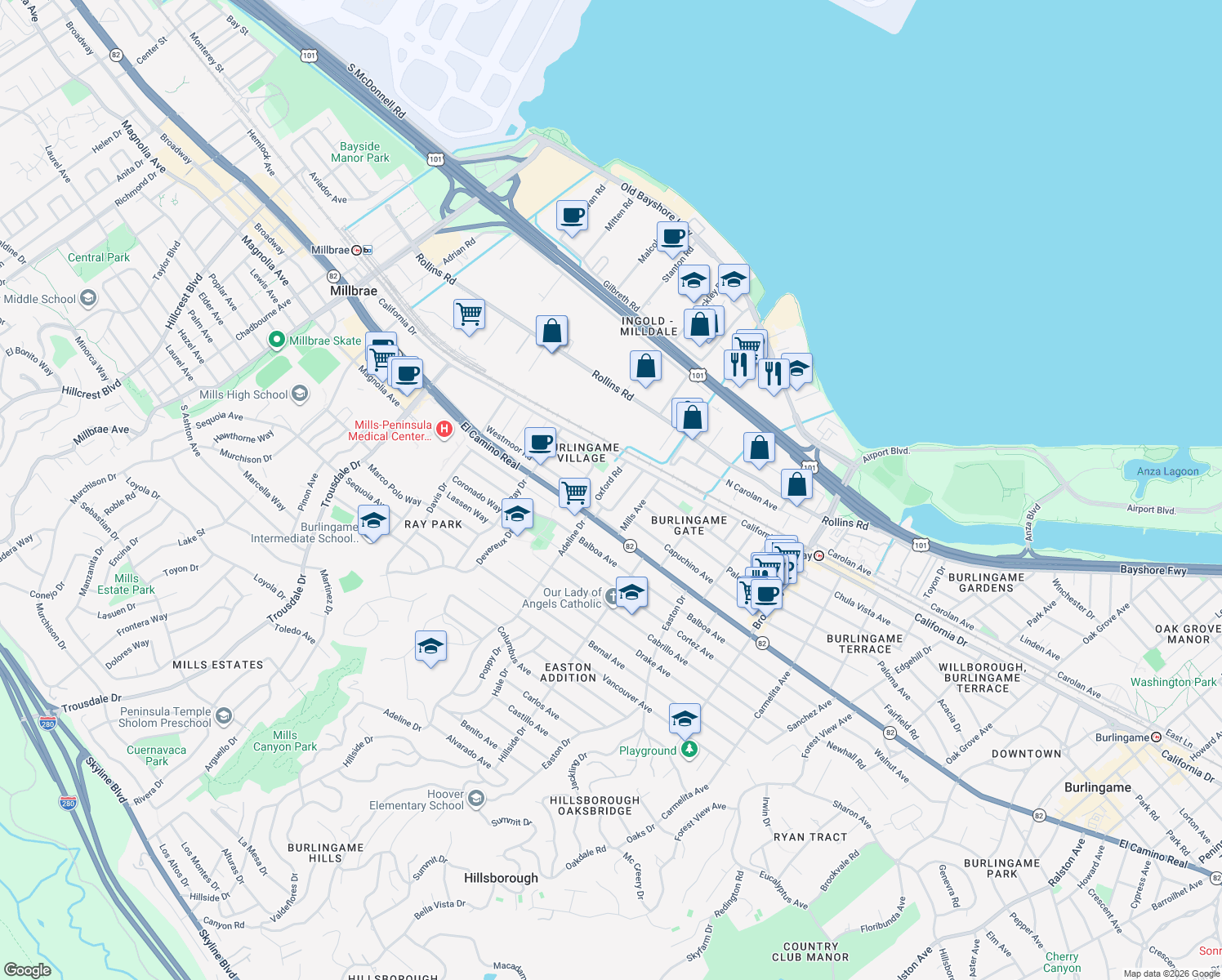 map of restaurants, bars, coffee shops, grocery stores, and more near 1131 Oxford Road in Burlingame