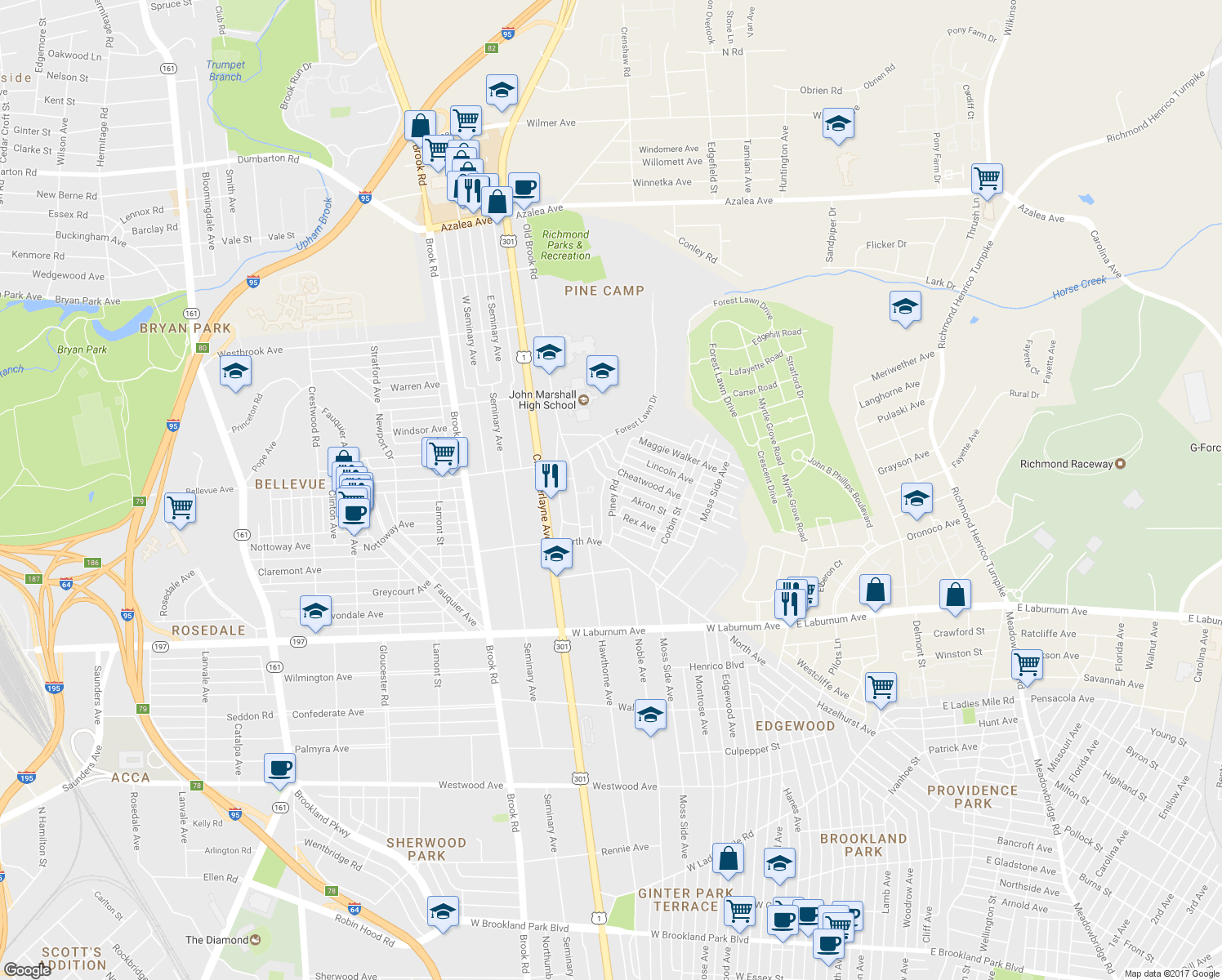map of restaurants, bars, coffee shops, grocery stores, and more near 4100 Piney Road in Richmond