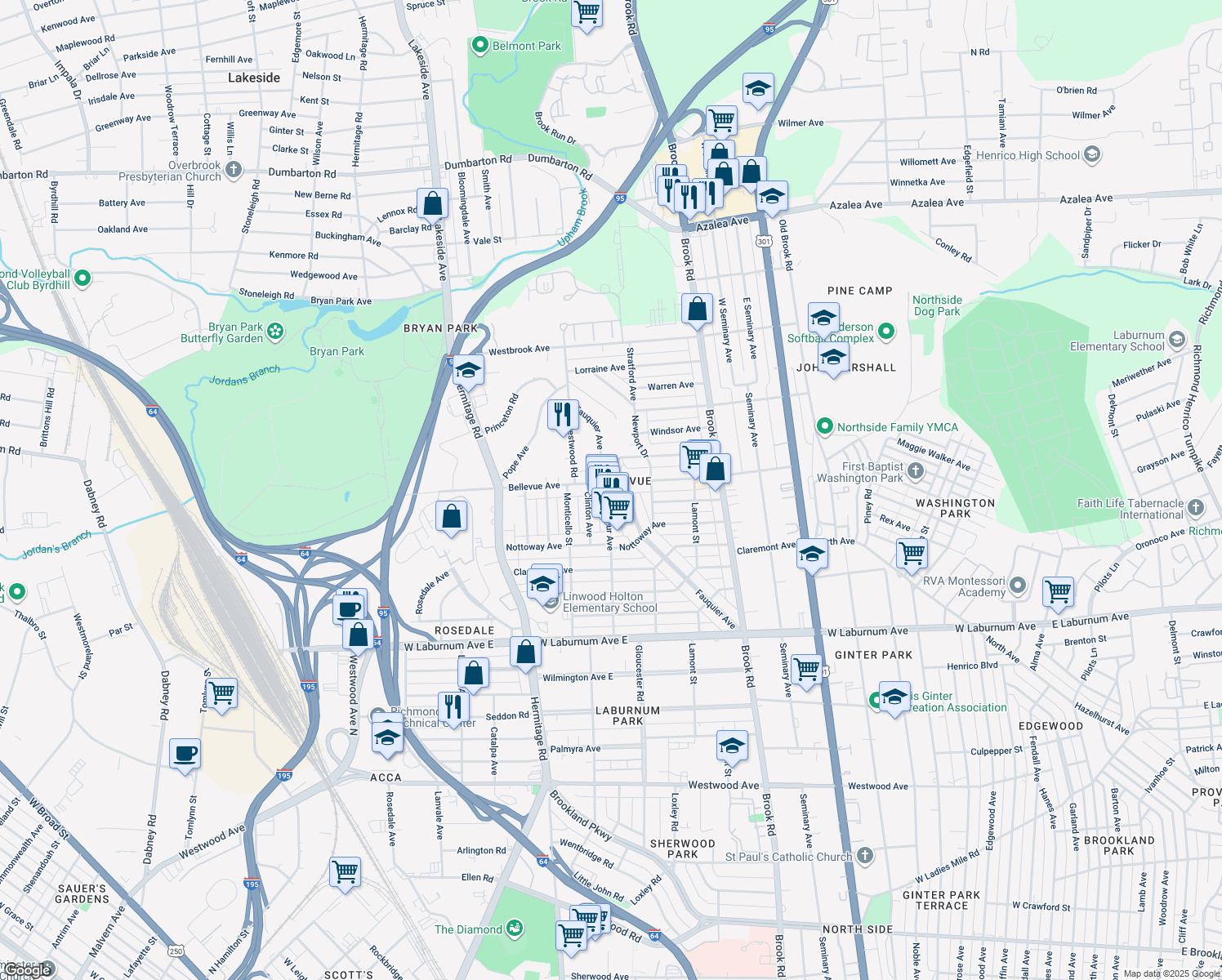 map of restaurants, bars, coffee shops, grocery stores, and more near 1423 Bellevue Avenue in Richmond