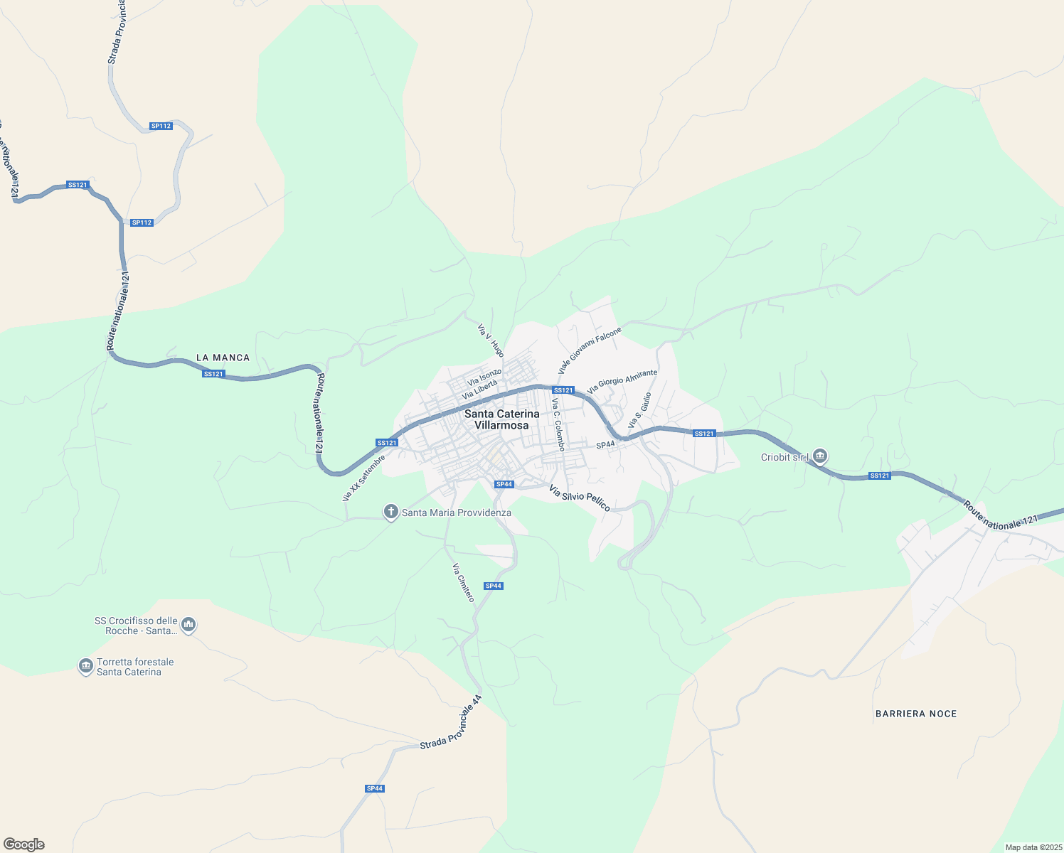 map of restaurants, bars, coffee shops, grocery stores, and more near Via Jan Palach in Santa Caterina Villarmosa