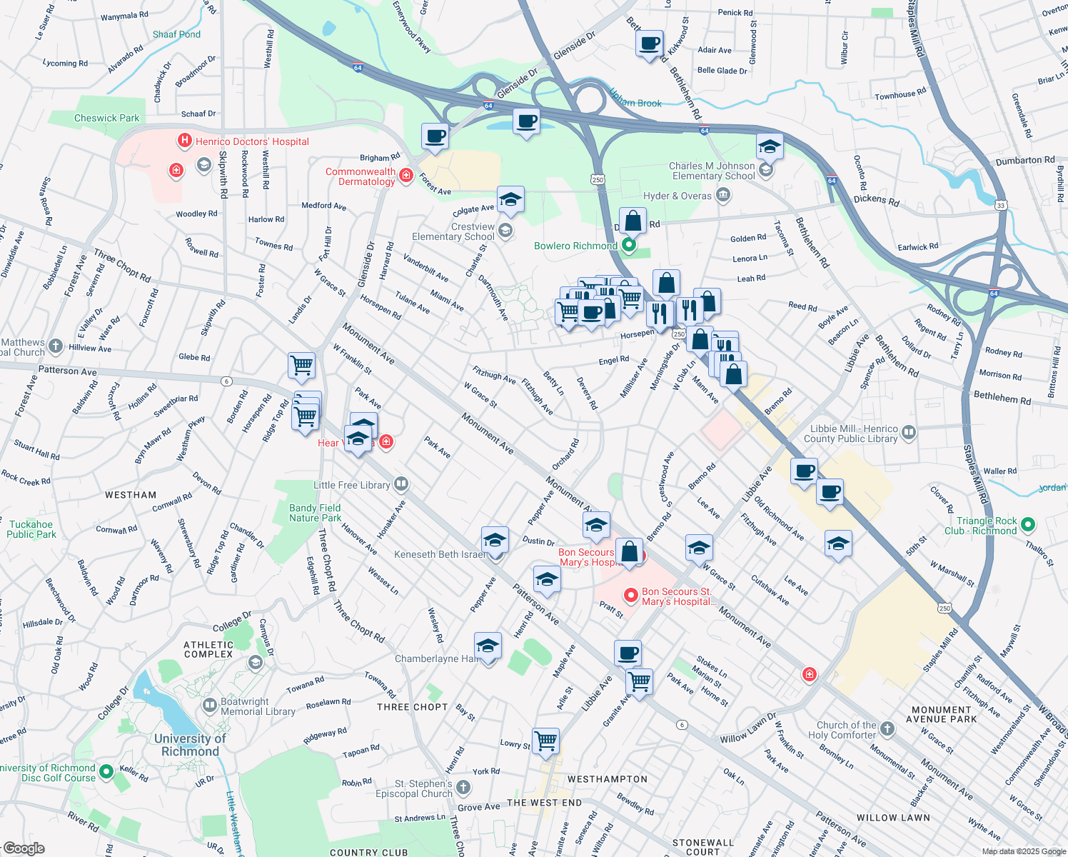 map of restaurants, bars, coffee shops, grocery stores, and more near 6424 W Grace St in Richmond