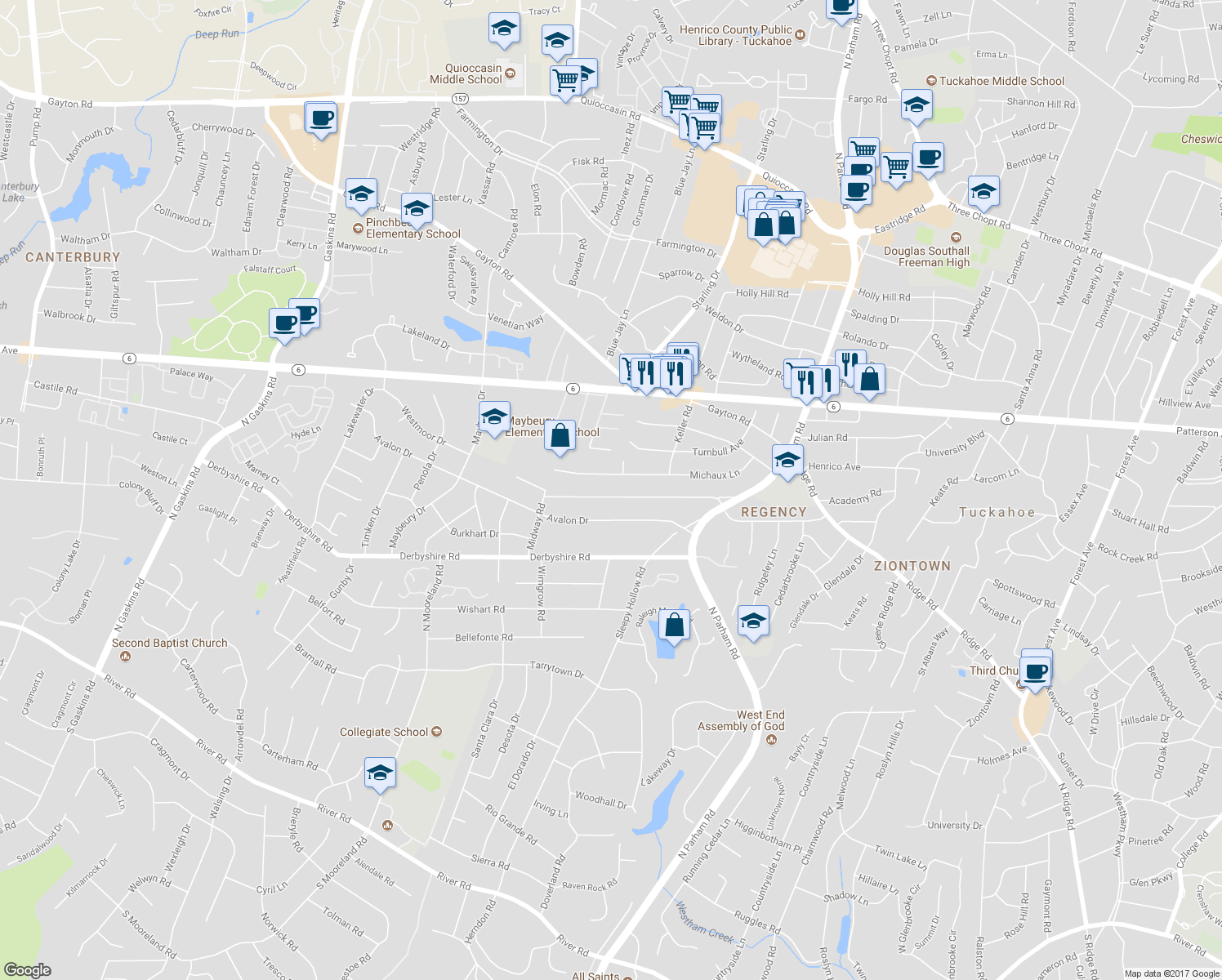 map of restaurants, bars, coffee shops, grocery stores, and more near 8920 Midway Road in Richmond